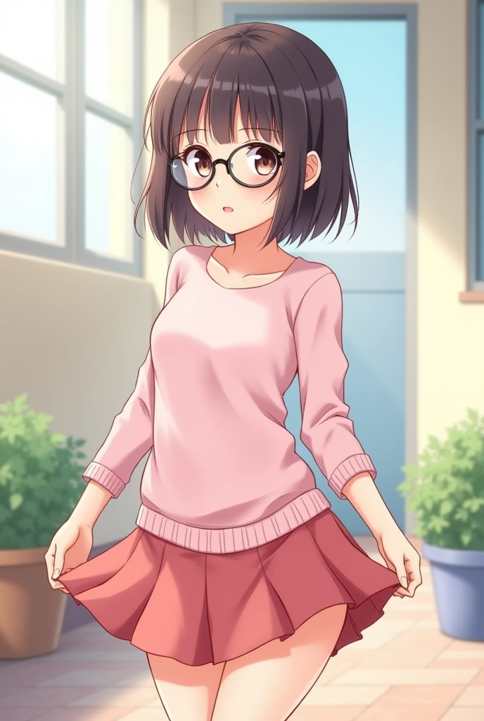 Anime girl with bob haircut and round glasses shows her panties