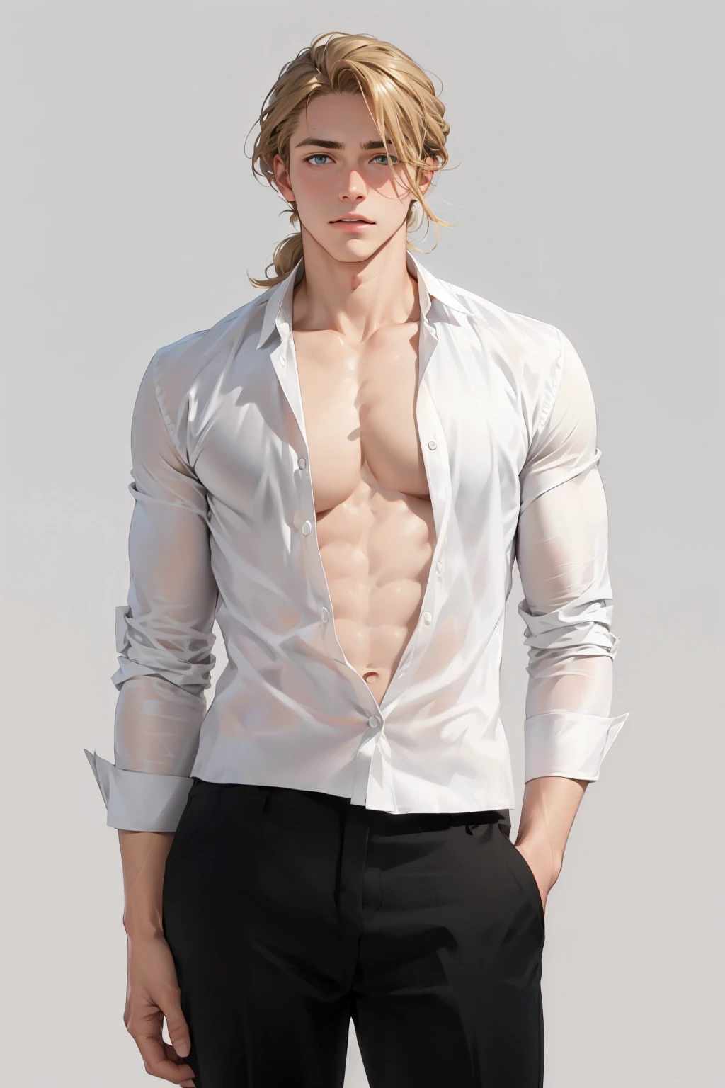 (No light and shadow environment:2),Soothing tones,Soft colors,A 23-year-old European and American model,(Shut up:1.5),(Hair sticking to scalp:1.5),Golden brown slightly curly shoulder-length hair,Ponytail hairstyle,Middle parting hairstyle,Edward Furlan,blond,With a melancholy expression,Blonde curly hair,male,White background,High Detail,male焦点,Abdominal muscles,Chest muscles,White shirt,Looking at the audience,