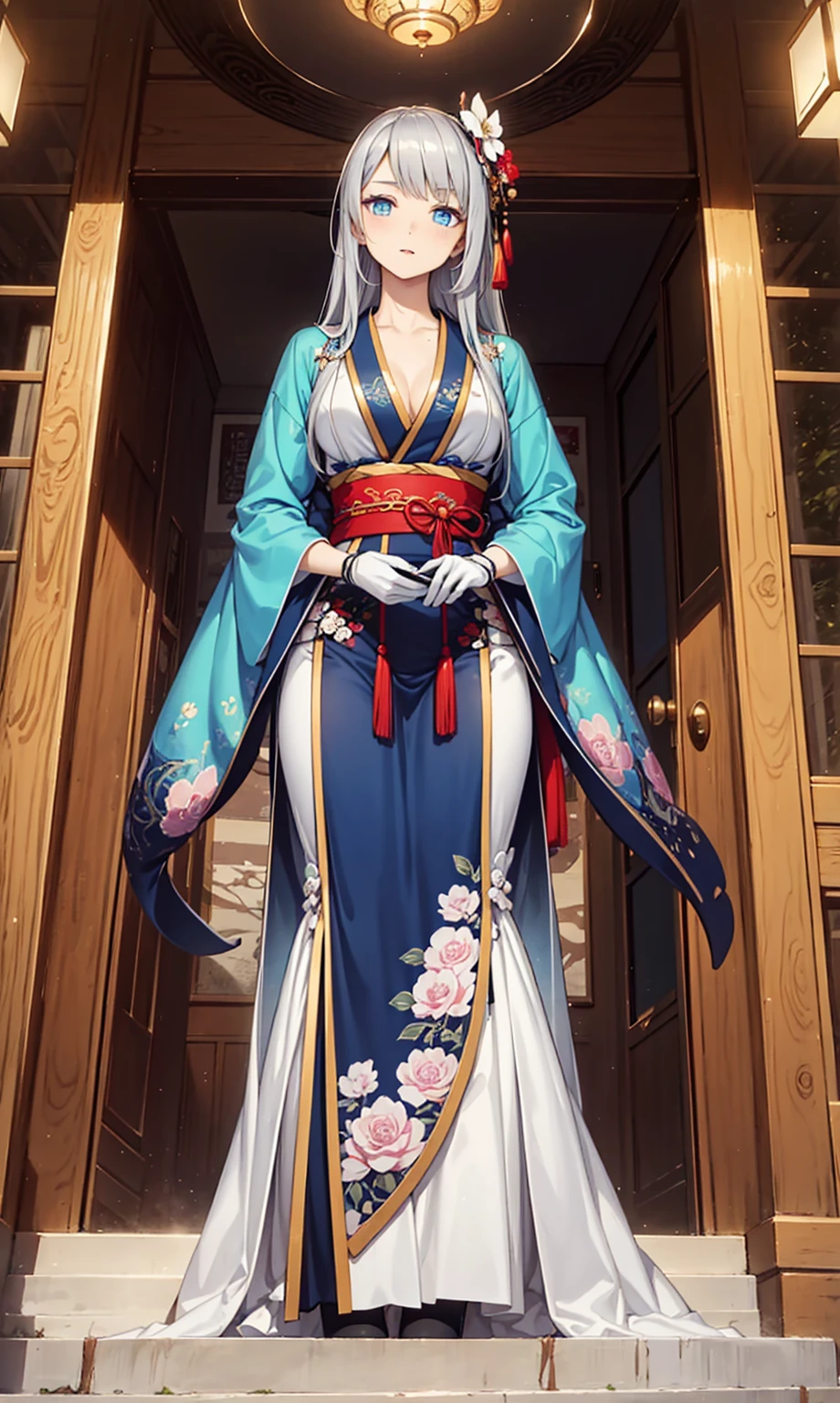 a beautiful young woman with long Silver Hair, blue eyes, and refined, elegant expression, Wearing transparent, Colorful Hanfu,, Sophisticated design, Black Gloves, And elegant accessories such as lace, Carved pattern, and stockings, Standing elegantly in an ancient Chinese palace at night, (best quality,4K,8K,high resolution,masterpiece:1.2),Extremely detailed,(Practical,photoPractical,photo-Practical:1.37),Extremely detailed的脸部和眼睛,Beautiful and delicate eyes,Beautiful and delicate lips,Extremely detailed eyes and face,Long eyelashes,Very exquisite clothing and accessories,Movie Lighting,Dramatic and romantic atmosphere,Elegant Posture,tender feelings,Love and intimacy,(Transparent colored Hanfu,Exquisite and luxurious design:1.1),Black Gloves,Silver Hair,blue eyes,Transparent dress,Exquisite hair accessories,Transparent lace,Carved pattern,Dress nicely,Interior of an ancient Chinese palace,Night view
