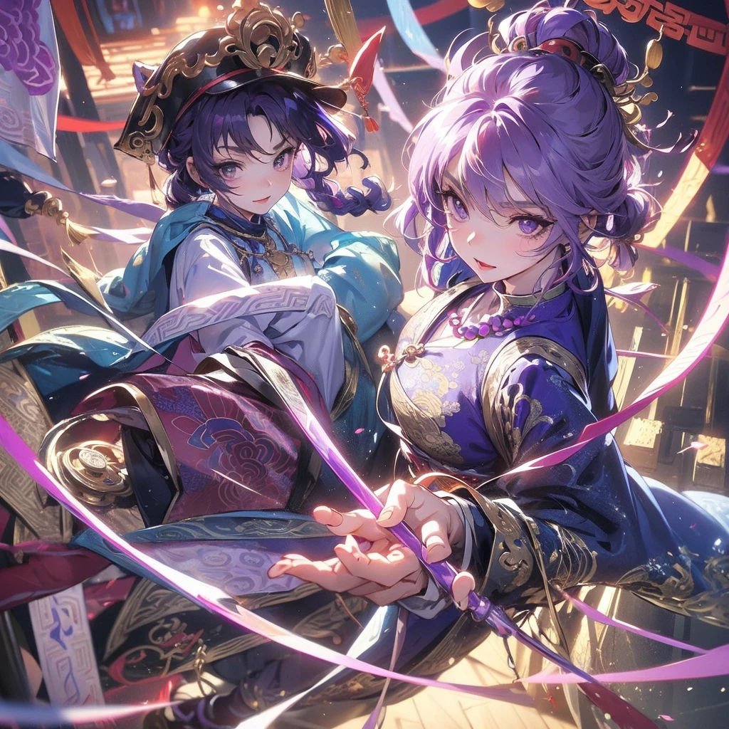1 little chibi girl, light purple hair, dark purple hat, magenta eyes, purple and blue outfit, long white socks, big beads necklace, chinese clothes, old chinese temple