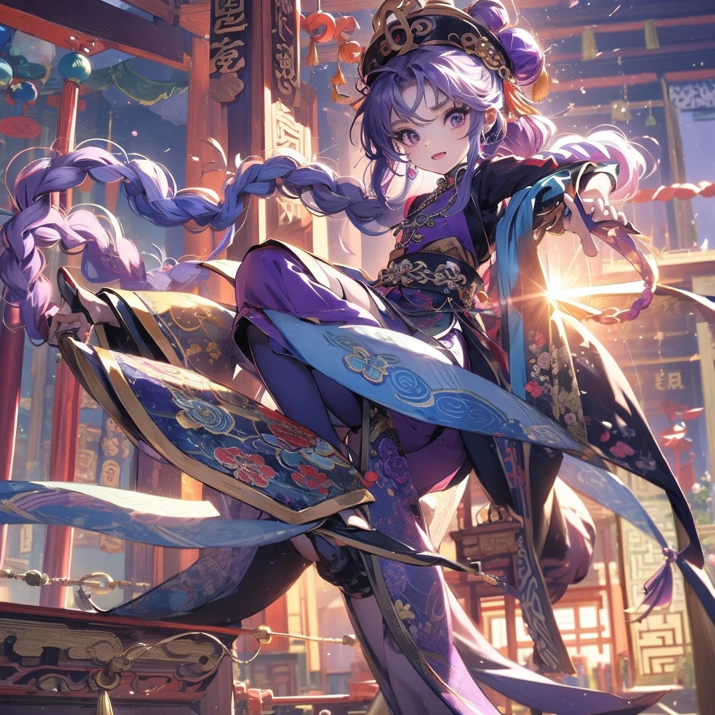 1 little chibi girl, light purple hair, dark purple hat, magenta eyes, purple and blue outfit, long white socks, big beads necklace, chinese clothes, old chinese temple