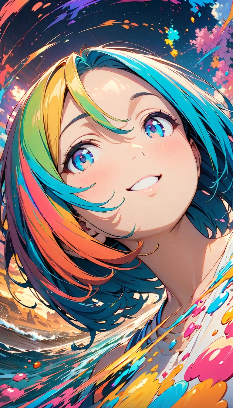 (masterpiece, Highest quality, Official Art:1.3), (colorful), Perfect Anatomy, Looking at the audience,One Girl, alone, floating colorful water, Ultra-fine illustrations, Very detailed, Dynamic Angle, Beautiful details, 8k, 壊す smiling amidst the colorful scenes, (High resolution), Anime Style, (Fractal Art:1.2), 20-year-old, Center parted short bob, Hair between the eyes, amount