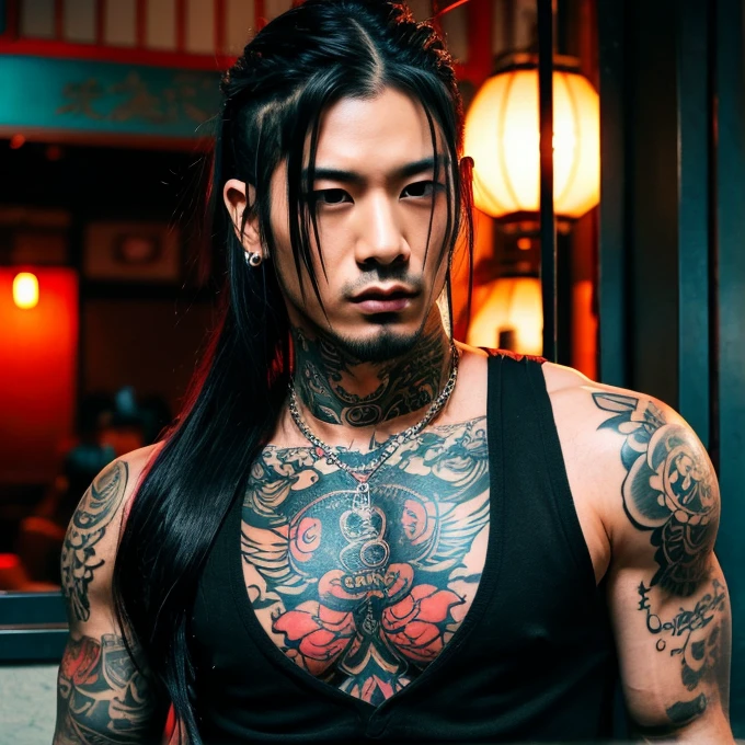 1 man, Japanese man, male, Asian eyes, muscular, broad shoulders, yakuza tattoos, hairstyle Visual Kei style, hair Visual Kei, black men's shirt and black pants, ultra detailed face, hyperrealistic, realistic representation, long hair, long hair, 30 years old, age 30 years, blonde hair