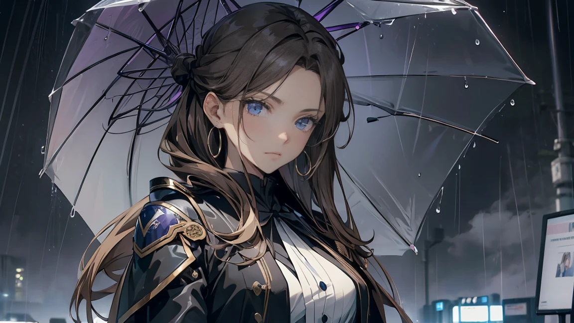 Light brown hair、((Long hair tied back))、View from the front、Showing from the waist up、Black suit draped over shoulders、Wearing a white shirt underneath、black tie、Blue-violet eyes、((Rainy gray background))、Holding a large open umbrella。Beauty、(((Detailed picture)))、(((Detailed face)))、Looking down with cold eyes。emotionless expression。The hair is parted on the side、Hair tucked behind one ear。Also、She wears large hoop earrings in her ears.。Detailed Hair、Beautiful structural painting