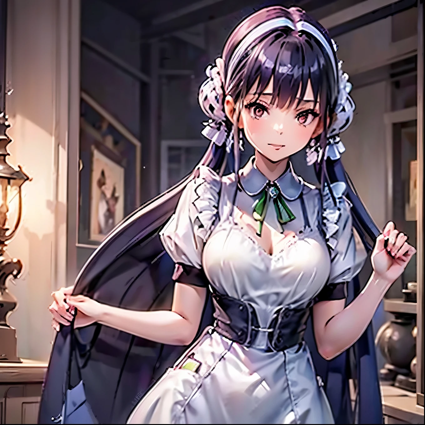 Highest quality, masterpiece, best definition, artwork, super detailed, many detailed, detailed, detailed, woman, 20 years, whole body, whole body, Night dress, super detailed dress, Long dress, dress with many Frills, dress with many ribbons, pink bows, Victorian dress, detailed Victorian dress, Victorian dress with bows, pink, Frills, Perfect Skin, 