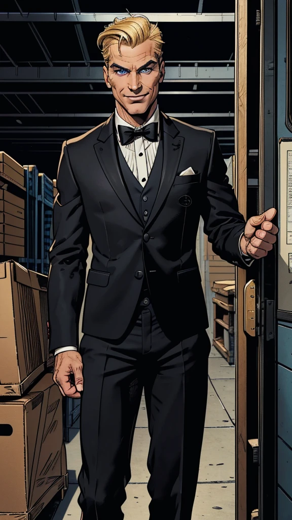 Caucasian male, 45 years old, (blond hair and eyebrows, short parting to the left, quiff style), square face, blue eyes, Roman nose, clean shaven, ((penetrating gaze, sinister smile)), mesomorph, fit, tall, ((wearing a suit, black with a black Slim bow tie)), (in a warehouse), halftone, UHD, retina, masterpiece, accurate, anatomically correct, textured skin, super detail, high details, high quality, best quality, best quality, highres