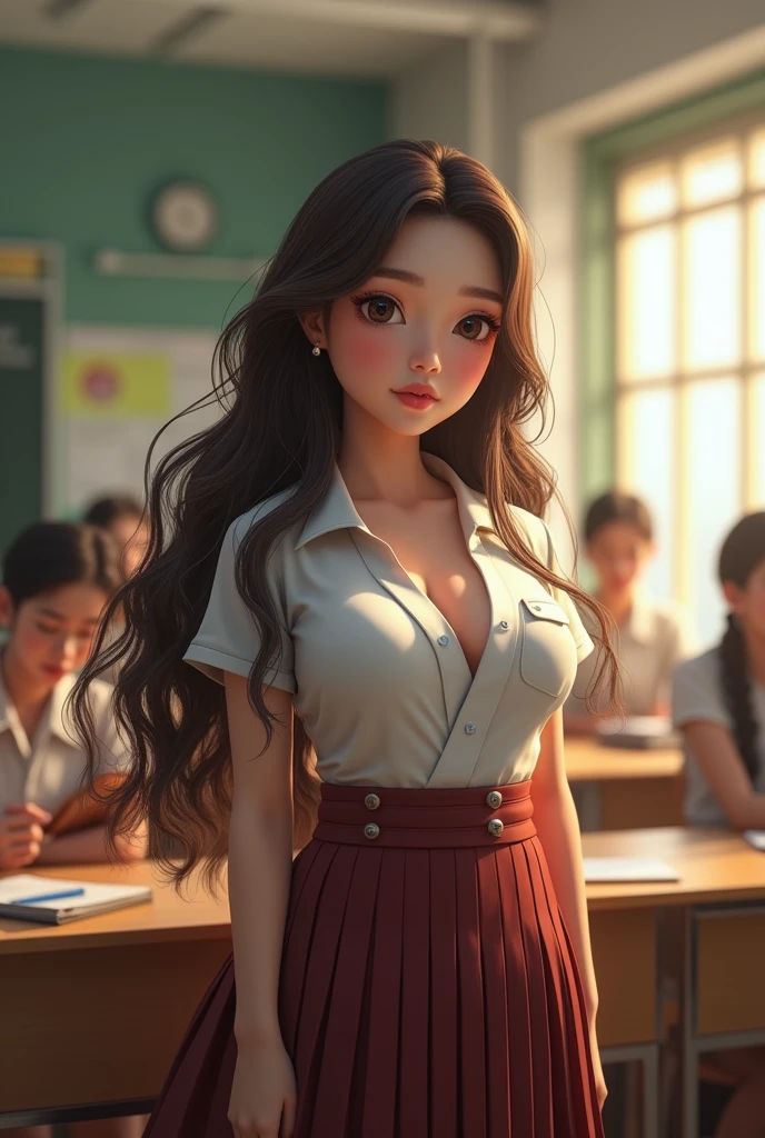 Young woman,​Twenty-five years old, Beautiful face, long brown hair, Wearing Thai school uniform, Big chest, Thin waist, Big butt,Classroom, 3D realistic style
