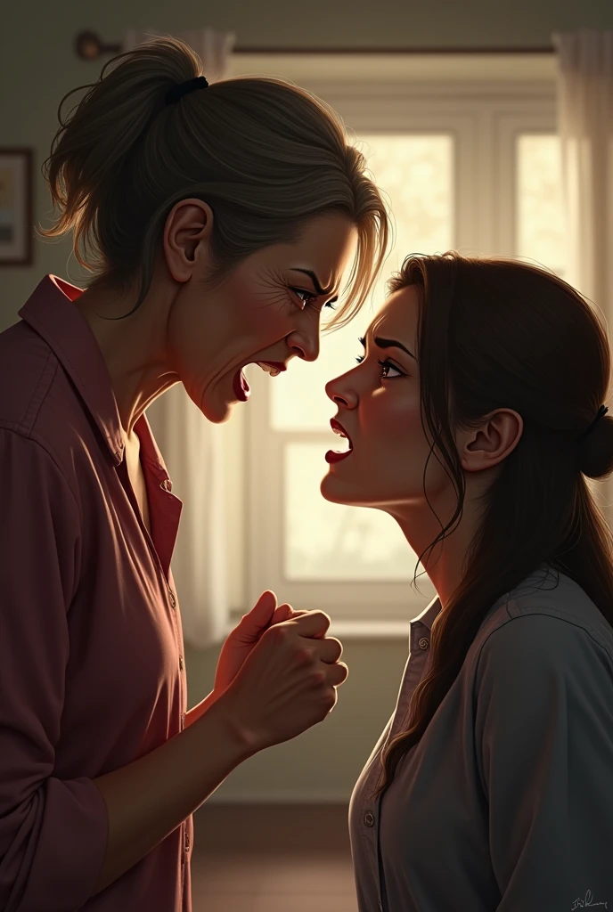 A mother shouting on her adult daughter, angry mother,