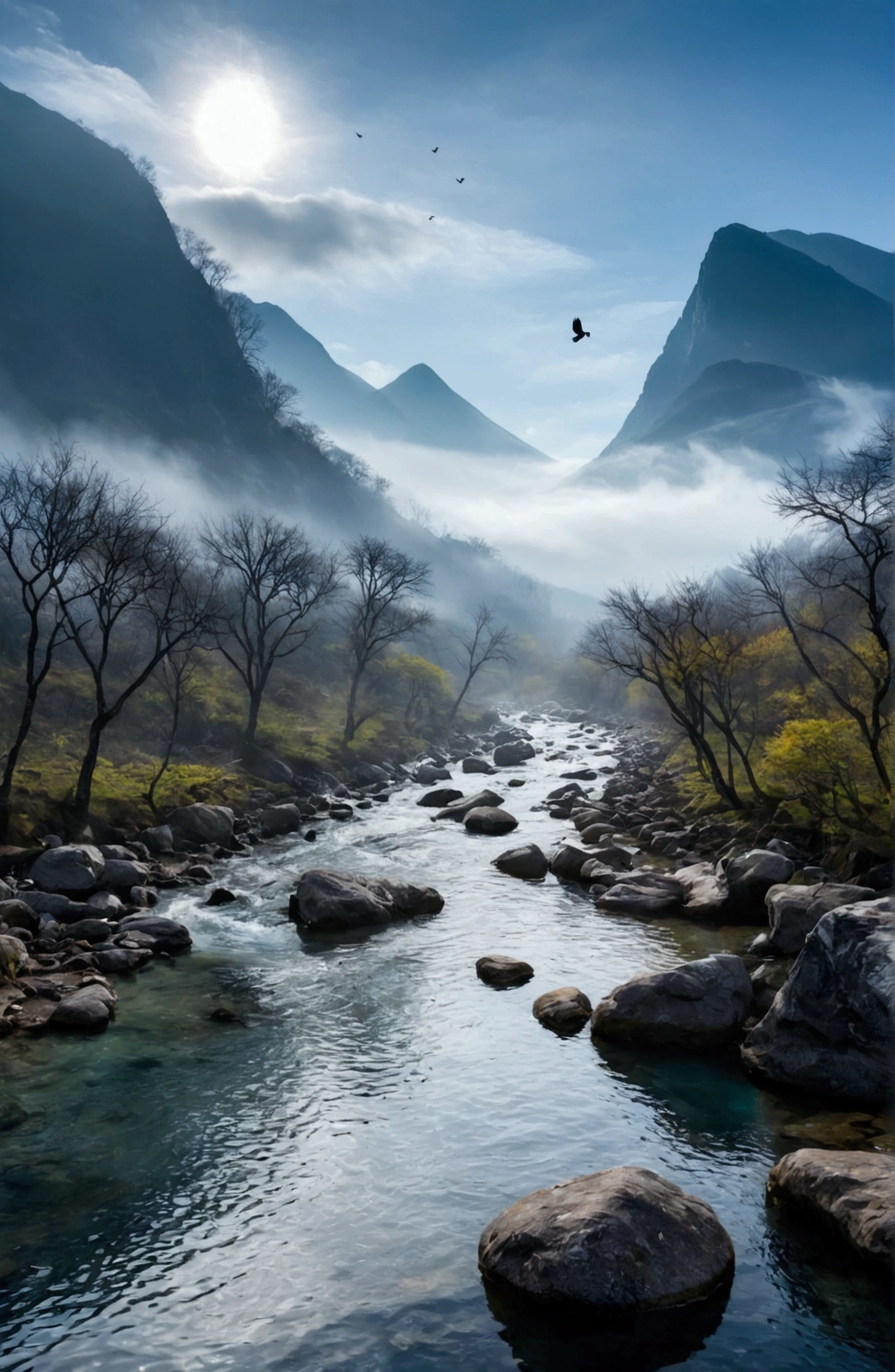 Stream water is clear and transparent,The whole picture is surrounded by clouds and mist,There are several bare rock mountains behind,Clouds and mist,A bird flies across the screen.
