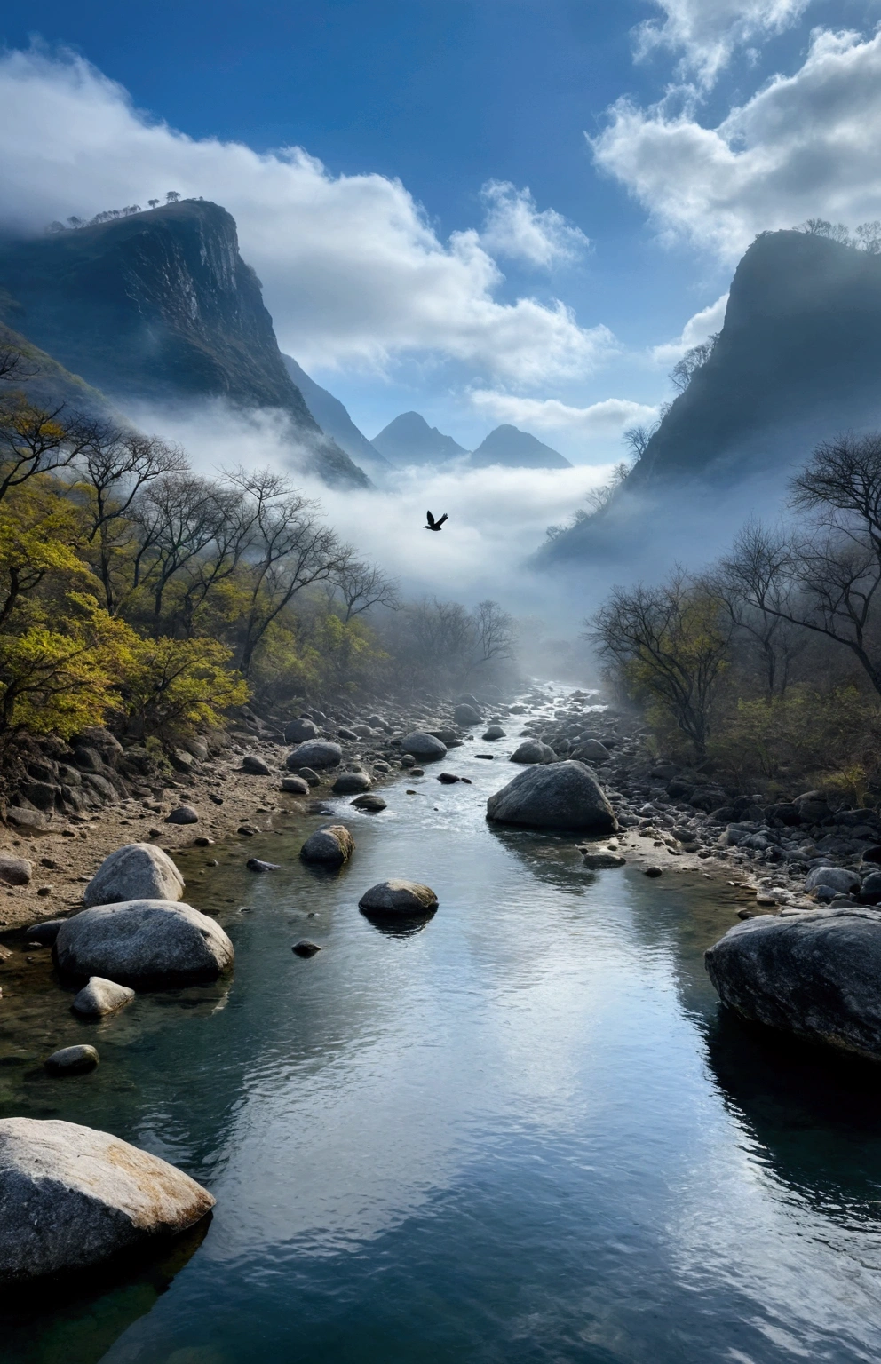 Stream water is clear and transparent,The whole picture is surrounded by clouds and mist,There are several bare rock mountains behind,Clouds and mist,A bird flies across the screen.