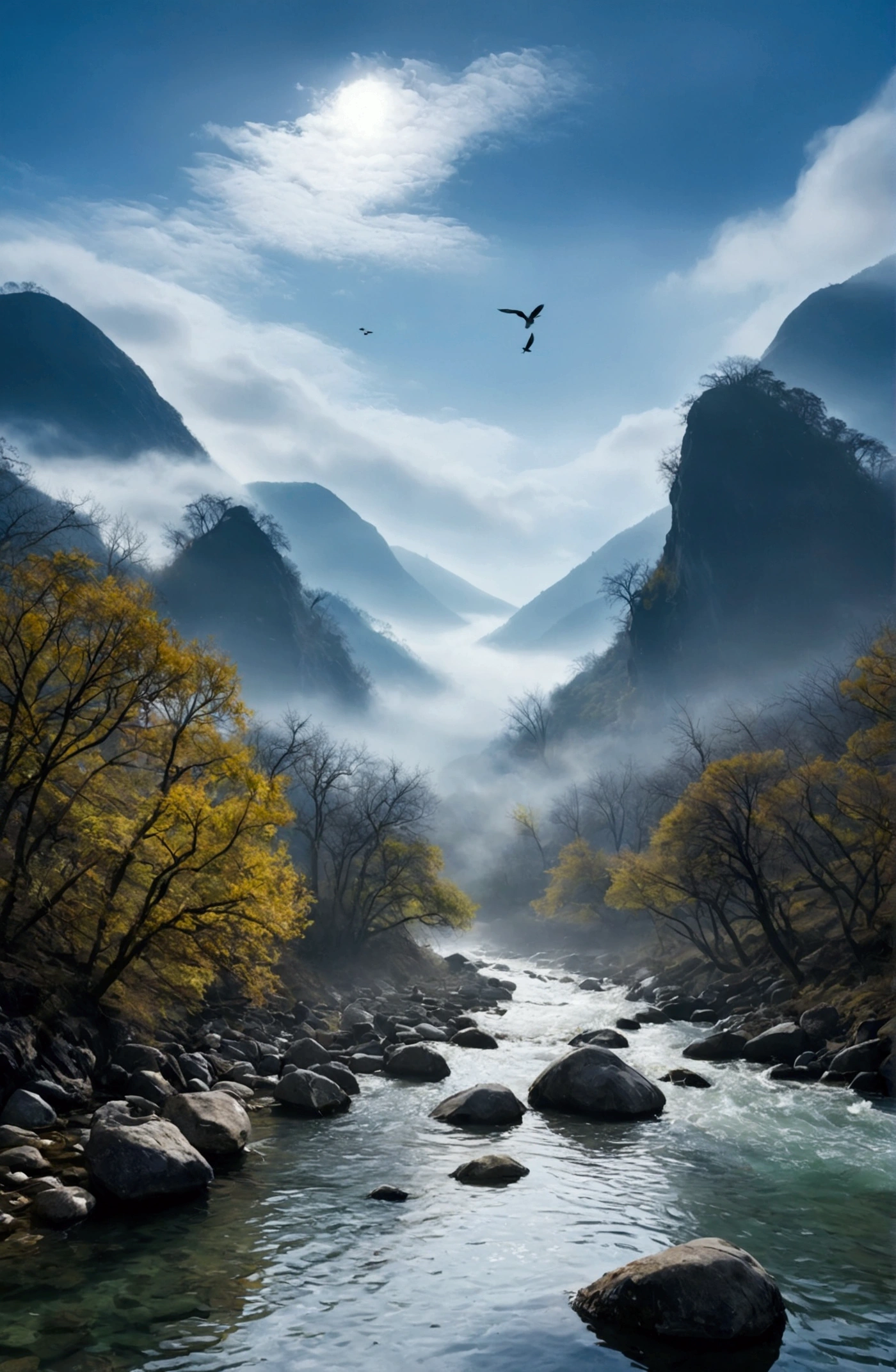 Stream water is clear and transparent，The whole picture is surrounded by clouds and mist，There are several bare rock mountains behind,Clouds and mist，A bird flies across the screen.

