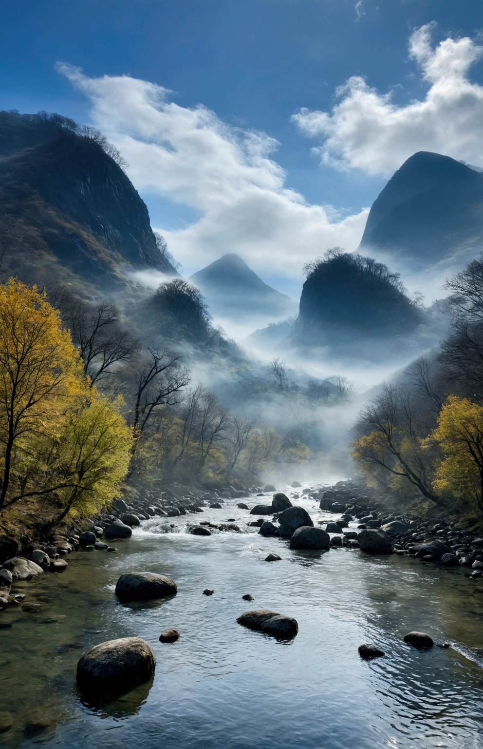 Stream water is clear and transparent，The whole picture is surrounded by clouds and mist，There are several bare rock mountains behind,Clouds and mist，A bird flies across the screen.
