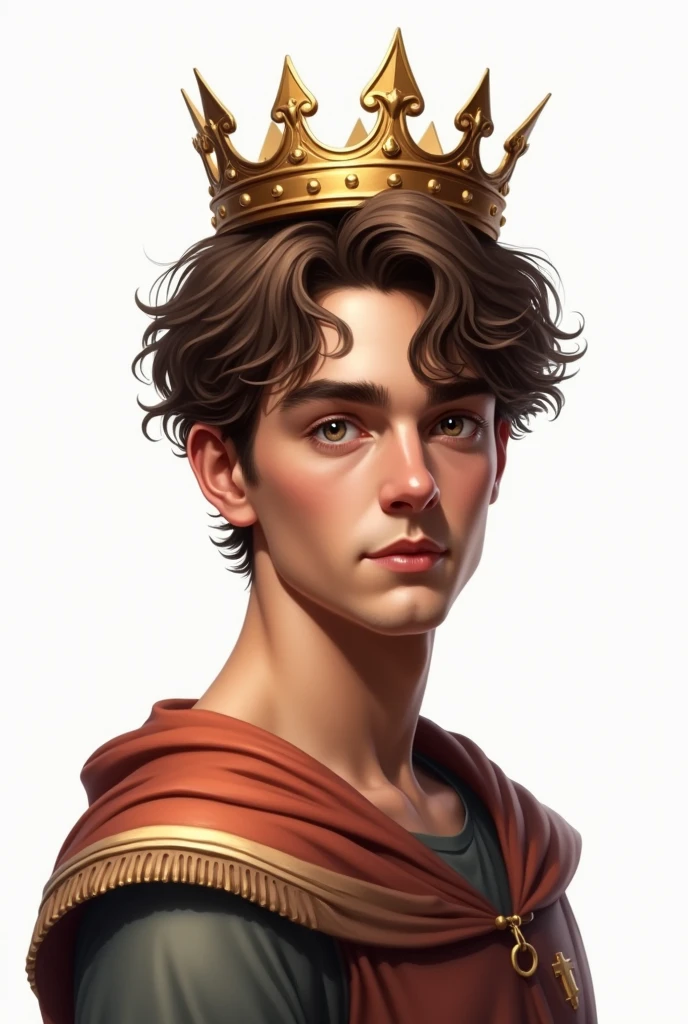 A man with no facial hair, brown ruffled hair, hazel eyes, looking at the camera with a white background, with only his neck and face showing, wearing a crown with a cold expression, digital art, just a little younger
