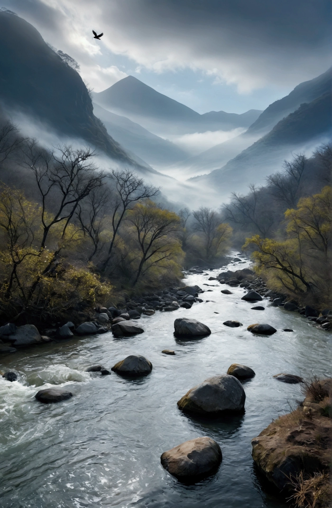 Stream water is clear and transparent,The whole picture is surrounded by clouds and mist,There are several bare rock mountains behind,Clouds and mist,A bird flies across the screen.