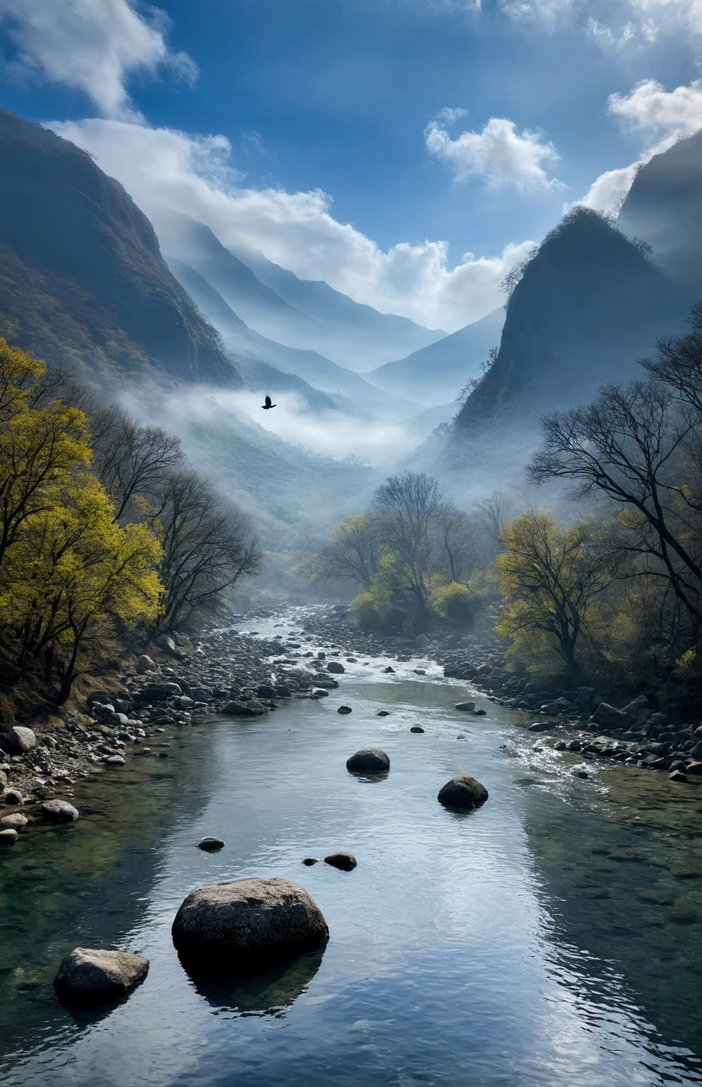 Stream water is clear and transparent，The whole picture is surrounded by clouds and mist，There are several bare rock mountains behind,Clouds and mist，A bird flies across the screen.
