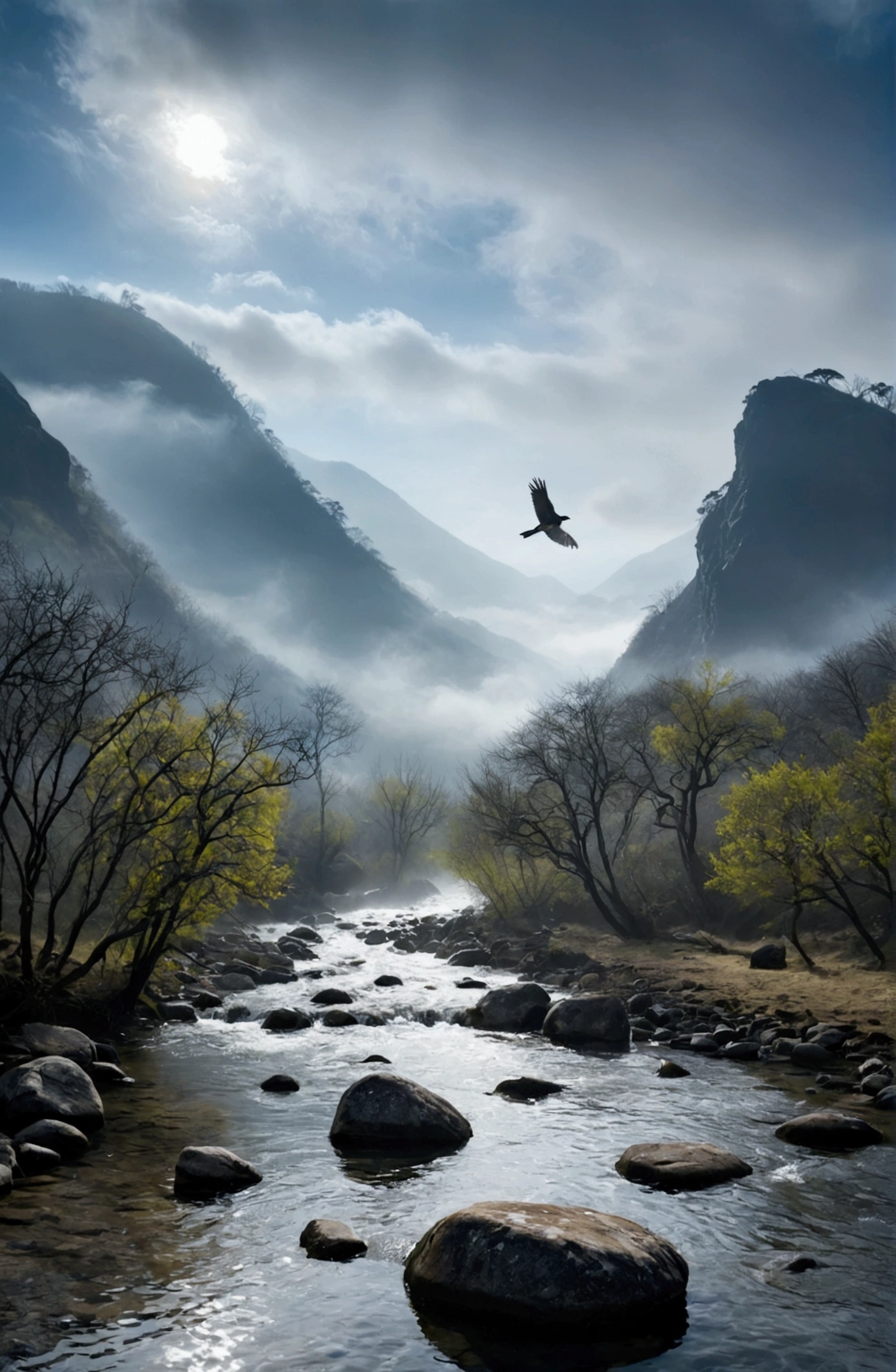Stream water is clear and transparent,The whole picture is surrounded by clouds and mist,There are several bare rock mountains behind,Clouds and mist,A bird flies across the screen.