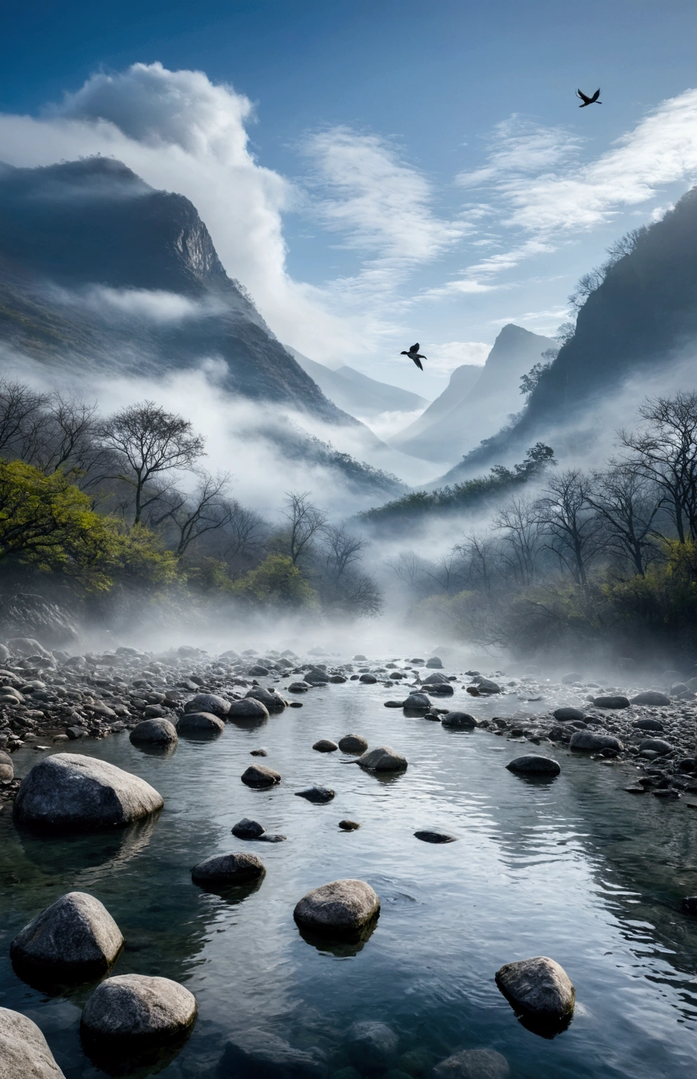 Stream water is clear and transparent，The whole picture is surrounded by clouds and mist，There are several bare rock mountains behind,Clouds and mist，A bird flies across the screen.
