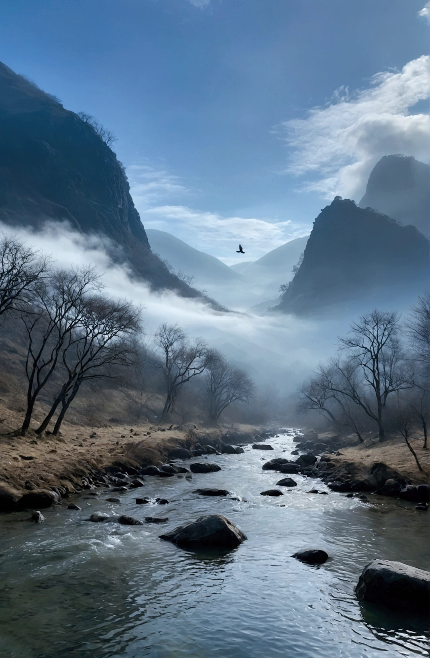 Stream water is clear and transparent,The whole picture is surrounded by clouds and mist,There are several bare rock mountains behind,Clouds and mist,A bird flies across the screen.