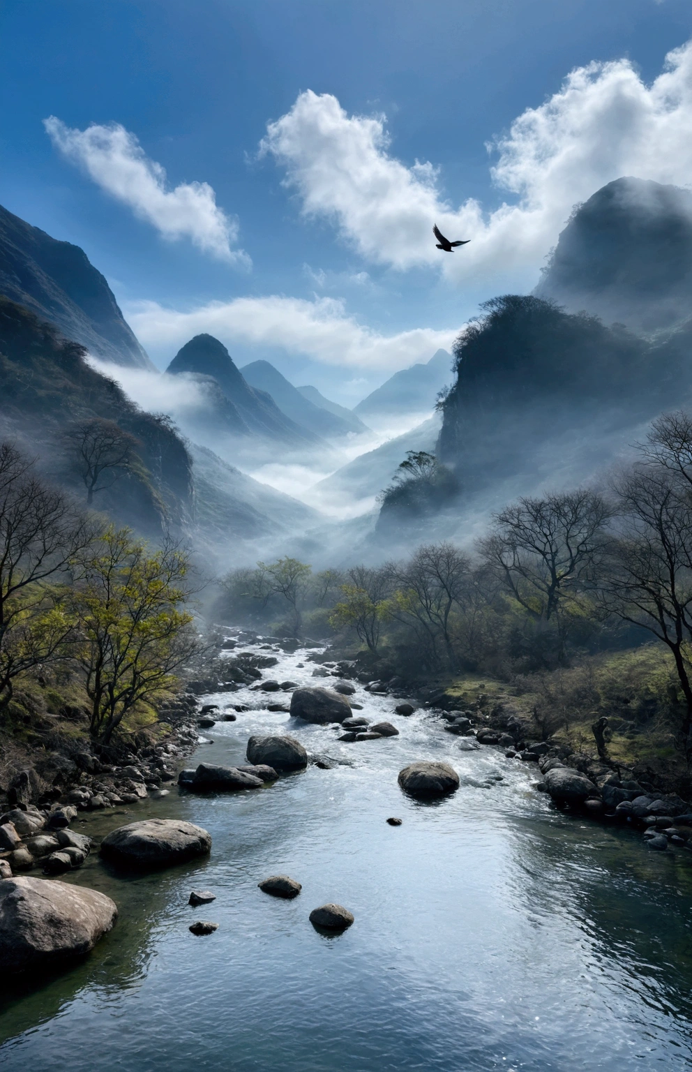 Stream water is clear and transparent，The whole picture is surrounded by clouds and mist，There are several bare rock mountains behind,Clouds and mist，A bird flies across the screen.
