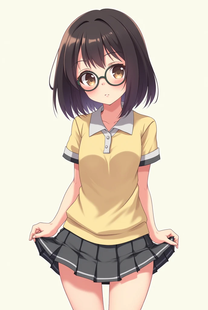 Anime girl with bob haircut and round glasses shows her panties