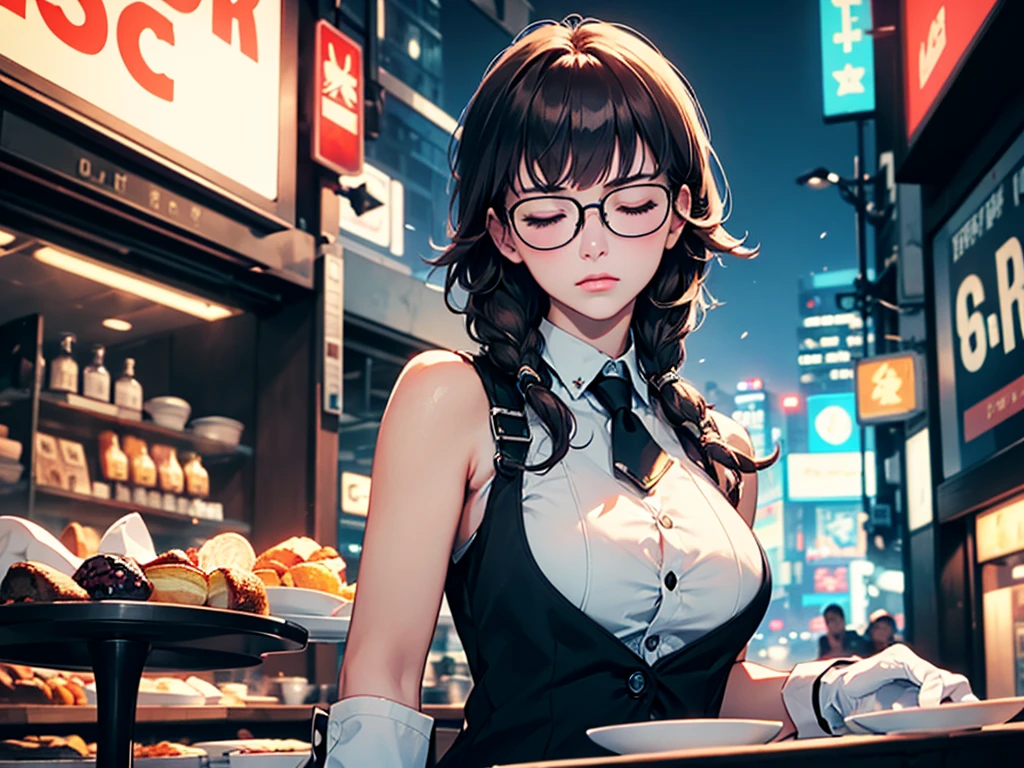 1girl, FELute, eyes closed, adjusting glove, masterpiece, highest quality, (solo focus), (perfect face:1.1), (high detail:1.1), 1girl, brown hair, glasses, ((waiter's clothes)), black vest, white blouse, black tie, white gloves, locket, detailed background, neon cityscape, cyberpunk, cinematic lighting