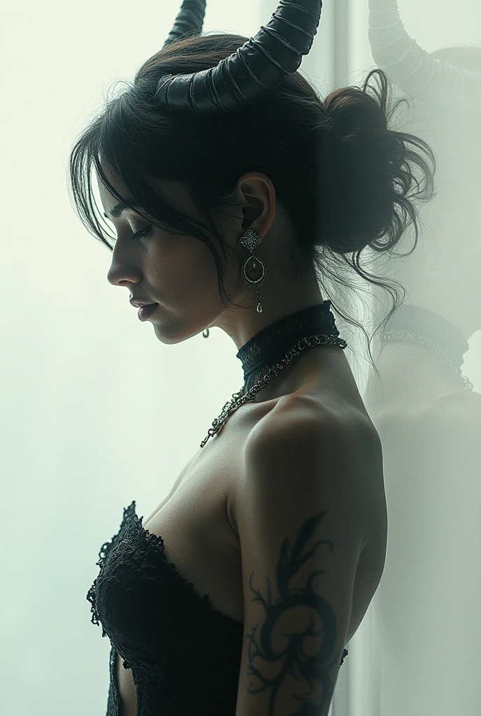 photoillustration of double exposure of merged, a beauty-lady, a demon-spirit, (transparency effect of a demon-spirit images facing on her), seamless mix, texture and pattern, transparency demon effect, iconic stance, dramatic shadows, dramatic lights, interlacing elements, fit-image facing on her, breast, side view, fantasy art, two tones, opposite-opponent digital manipulated photo art, hyper-realistic, ultra-detailed, crisp clarity, high-contrast, luminous ambiance, rich textures, intricate patterns, vivid colors, cinematic lighting, photorealistic, accurate anatomical proportions.