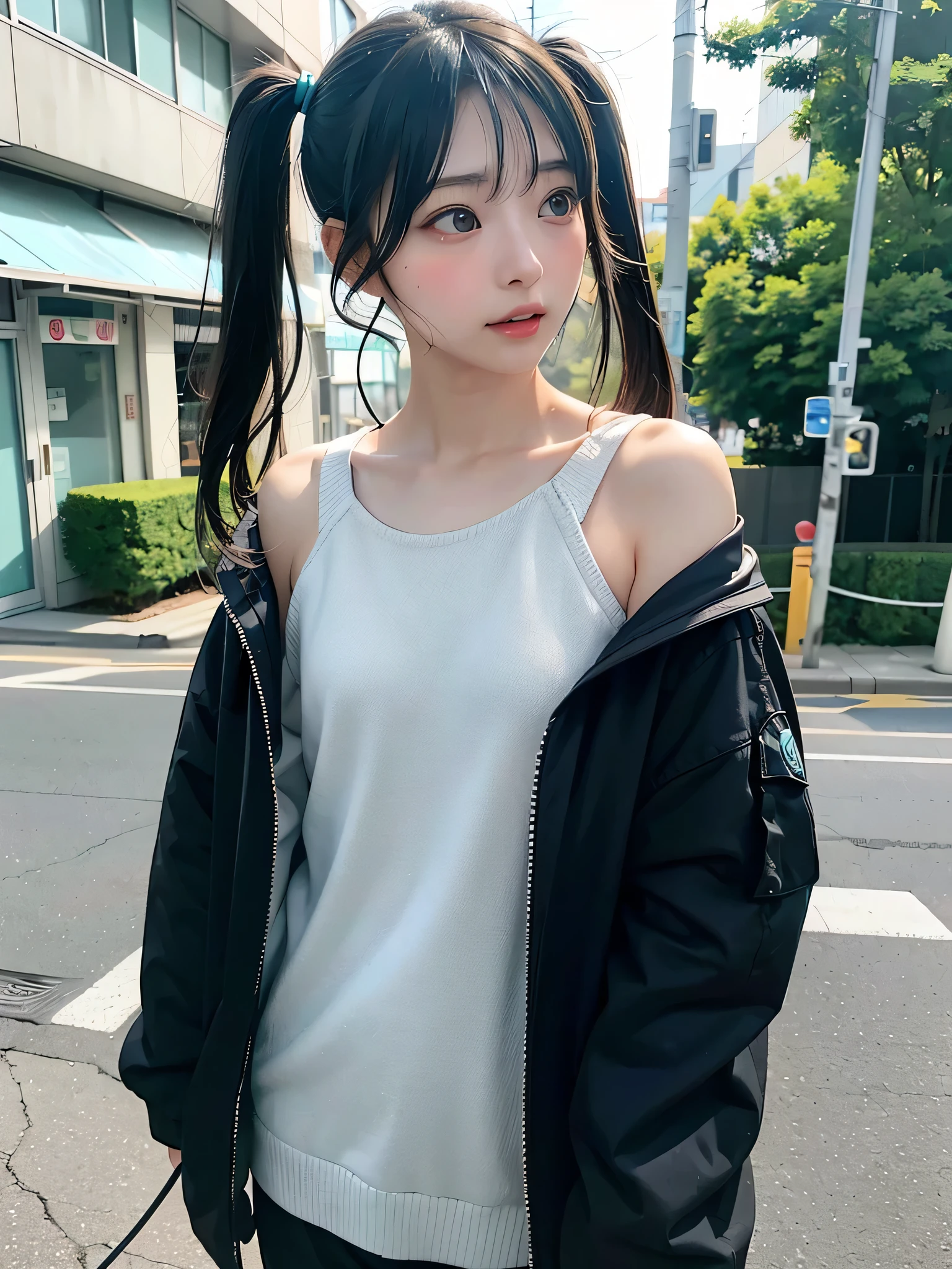 40-year-old Japanese woman、Black Hair、Hair is very short、Twin tails、Hatsune Miku Costume、Headphones、Flat Chest、Realistic photos、Realistic、8K quality、expensive、No bangs、Street Snap、