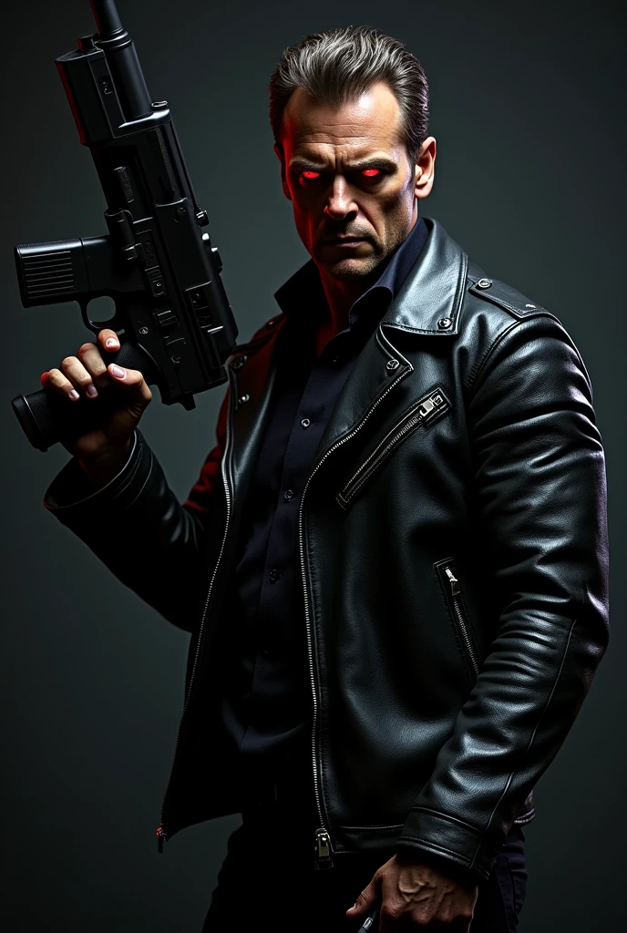 a terminator arnold t 800, wearing black leather jacket, holding a gun, detailed metal exoskeleton, glowing red eyes, aggressive expression, dark moody lighting, cinematic dramatic lighting, photorealistic, 8k, ultra detailed, hyperrealistic, intricate details