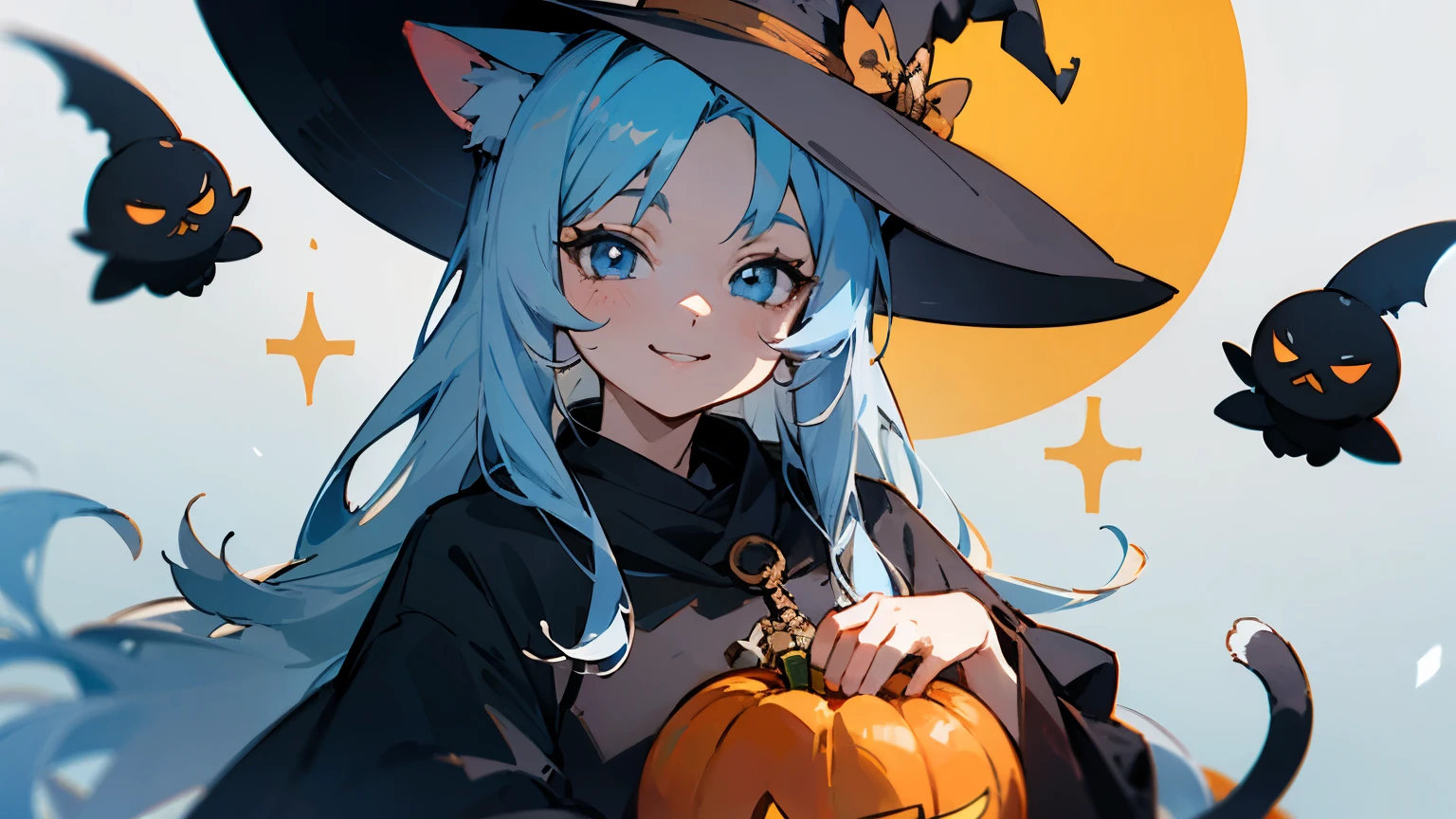 koshkodevochka, Light blue hair, light blue eyes, 2D art, long hair, in a witch costume, Halloween, smiling, Interesting composition, interesting ninjijourney style, looks at the camera, cat ears