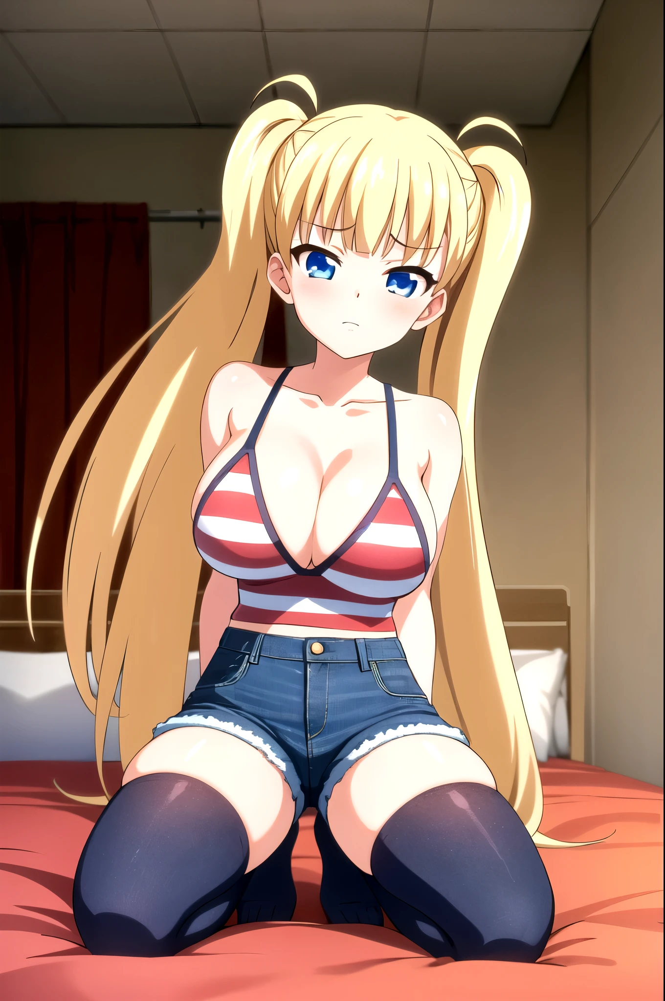 (masterpiece, Best Quality:1.2), absurdities, perfect anatomy, 1 girl, full body, looking at the viewer, blunt bangs, ( Denim shorts:1.1), Focus only, Soft lighting, (blue eyes), blonde hair, very long hair, twintails, Airi Akizuki, big breast, striped tights, dakimakura,