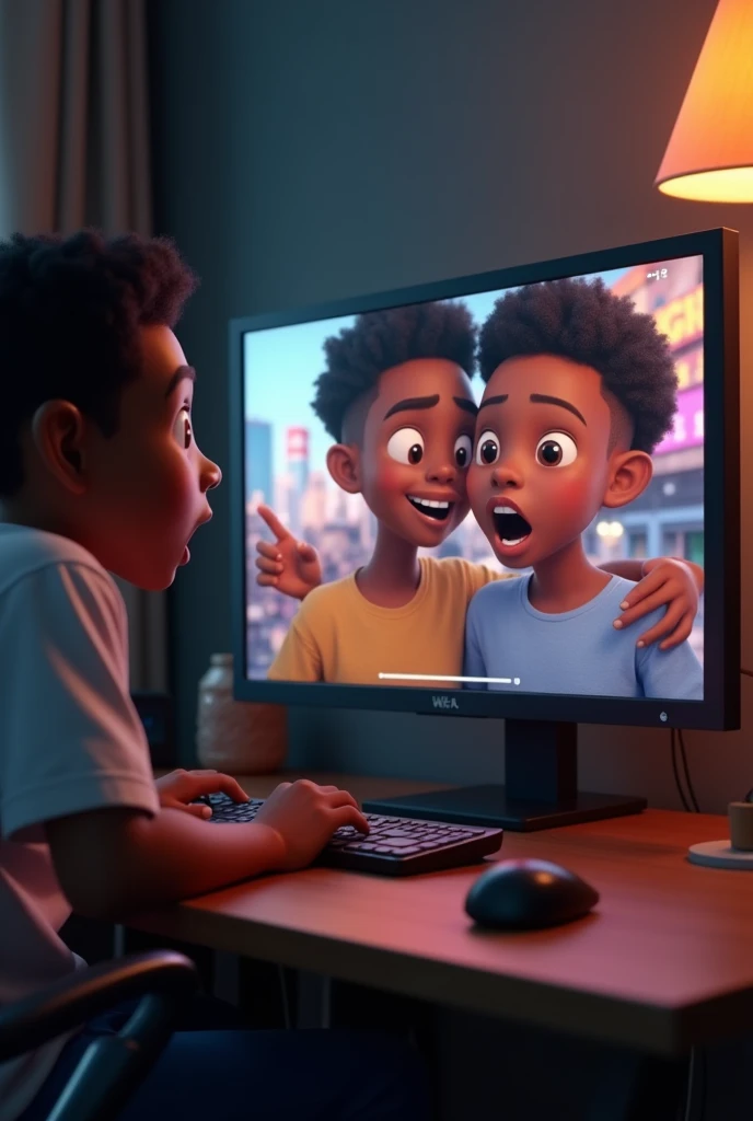 "A computer screen showing a video with rapidly increasing views, likes, and comments, while the two black boys, now young men, look on with surprised but excited expressions."hyper-realistic, 8k, ultra hd, Pixar style, Disney style, cinema 4d, --ar 3:2