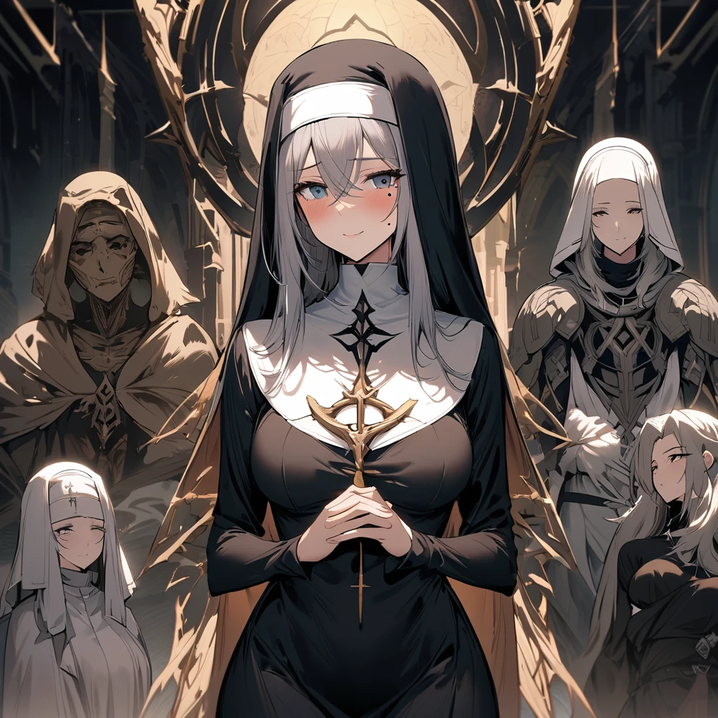 Perfectly precise anatomical shape., すべてのhand足, full finger, 1. beautiful woman,Mole under the eye, a nun, Hollow Sanctuary, deep silence, The sage appears, calm face, Wrapped Around the Monk'head'robe, Closed eyelids and beautiful delicate eyelashes, 尊敬すべきhand, A worn out habit, handにアンクレット, Modest attitude, Mental concentration, Mortar board, tender look, hand, creaking wooden chair, Ancient parchment, Old historical monastery, Faded frescoes, Quiet atmosphere, 精巧に刺繍されたrobe, Sacred symbols, Pious faith., full body shot, fully dressed, 床に跪いて祈りを捧げるa nun, (((In a high and deep corridor, Monastery with stained glass windows)))