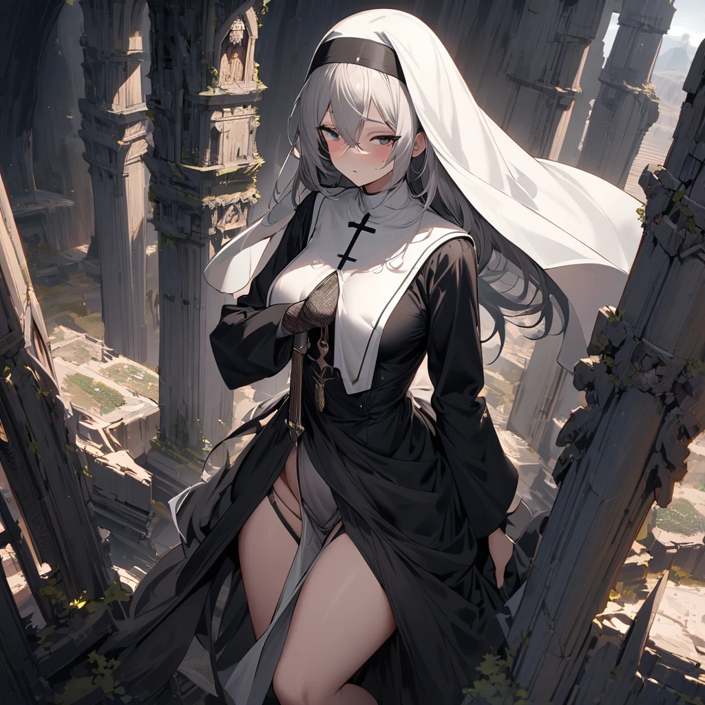 Perfectly precise anatomical shape., すべてのhand足, full finger, 1. beautiful woman,Mole under the eye, a nun, Hollow Sanctuary, deep silence, The sage appears, calm face, Wrapped Around the Monk'head'robe, Closed eyelids and beautiful delicate eyelashes, 尊敬すべきhand, A worn out habit, handにアンクレット, Modest attitude, Mental concentration, Mortar board, tender look, hand, creaking wooden chair, Ancient parchment, Old historical monastery, Faded frescoes, Quiet atmosphere, 精巧に刺繍されたrobe, Sacred symbols, Pious faith., full body shot, fully dressed, 床に跪いて祈りを捧げるa nun, (((In a high and deep corridor, Monastery with stained glass windows)))
