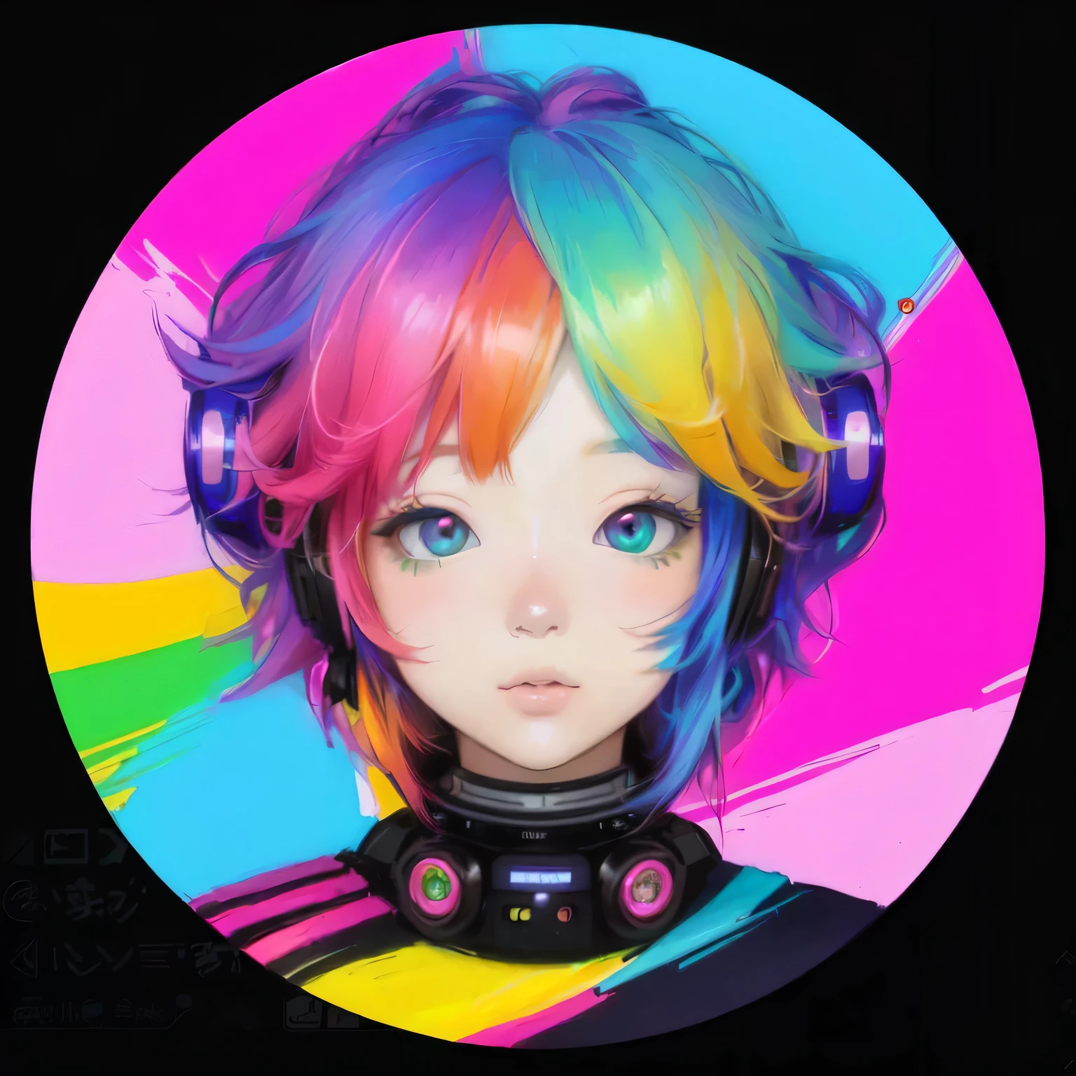 Close-up of a person with colorful hair and a camera, Inspired by Hikari Shimoda, Beeple and Jeremiah Kettner, Gweiz-style artwork, by Hikari Shimoda, Discord profile picture, Super colorful, Dreamy and colorful cyberpunk colors, Anime style digital art, e - girl, egirl, Decora style illustrations