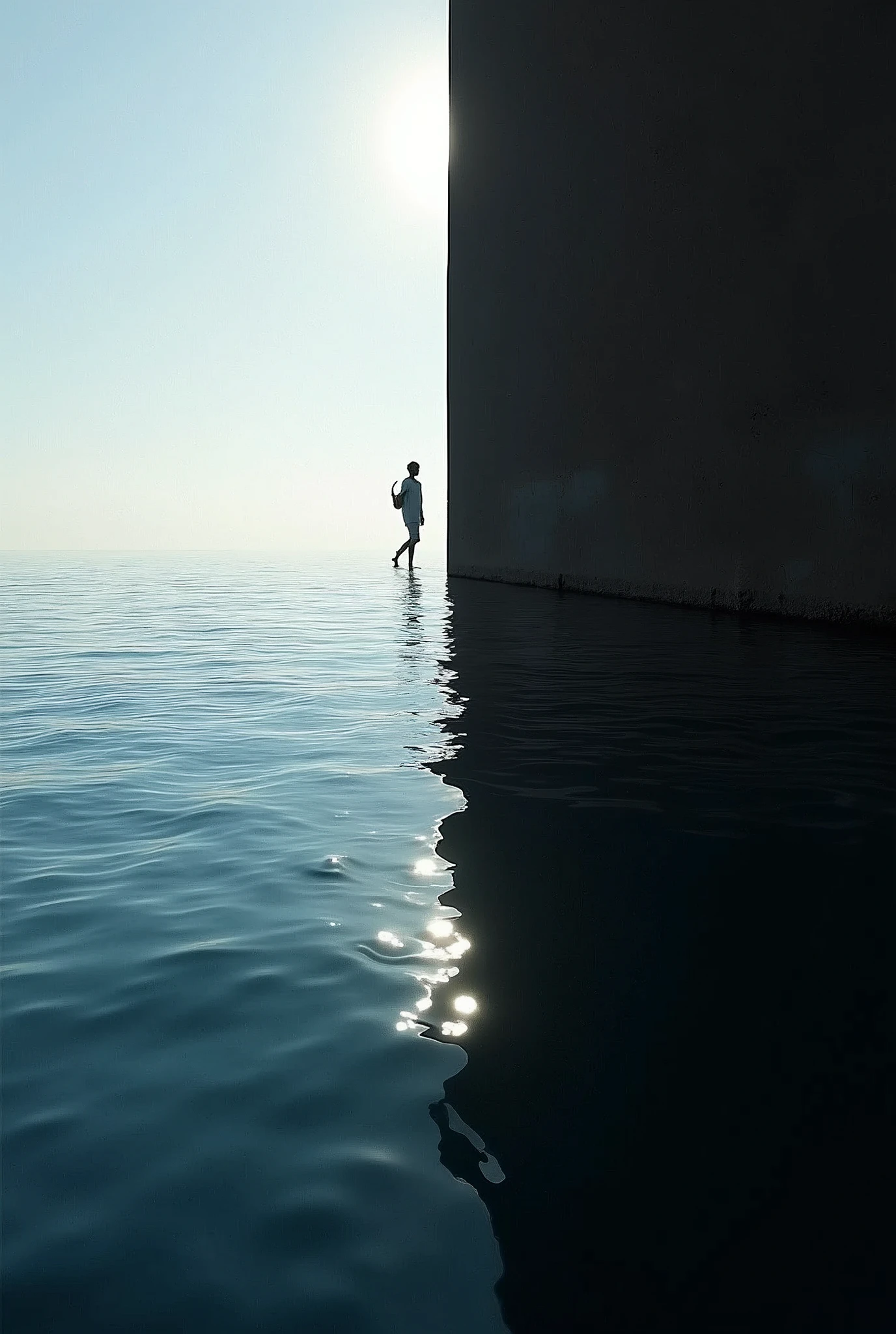 Sea divided in half Part black and part white beautiful artistic photography using the golden ratio black and white and blue and stylish light casting creepy shadows in the style of Oliviero Toscani