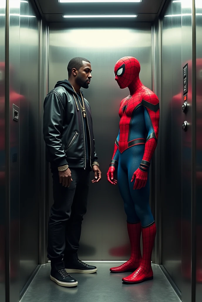 Kanye west with Miles Morales in a elevator