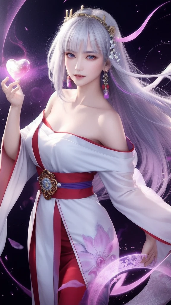 (masterpiece, top quality, 1 female, solo, exquisite details, chromatic aberration), (realistic), (skin), ((breathing)), (silver hair, blunt bangs, short cut straight long hair, short cut bangs, silver hair), beautiful hair, red headdress, blue highlights, hair over one eye, cute eyes,purple eyes, thick lips, earrings, piercing eyes, ((gold and white kimono)), ((symmetrical eyes)), ((perfectly symmetrical body)), ((perfectly symmetrical hands)), (purerosface_v1:0.3), night, (((self, natural light))), bright lighting, flowers blooming in the background, front of viewer, ((central shot, from the front, (face and waist))), mysterious atmosphere, flowers blooming around, light colored background, fortune teller in kimono, beautiful fortune teller, fortune teller, fantasy female fortune teller, female fortune teller, f Fantasy photography, magician, witch fairy tale, Japanese style, elegant cinematic fantasy art, fantasy woman, magician portrait, casting a spell, fortune teller, A powerful wizard stands in a mysterious forest, fluttering robes adorned with symbols, holding a glowing heart crystal ball, eyes glowing with mystical energy, spells leaking from his mouth, vivid swirling patterns of black magic pulsating in hues of red and blue appear in the air, magic permeates, flowers bloom and sacred creatures gaze in awe, threads of magical energy dance, revealing hidden realms and unravelling secrets, capturing the essence of this enchanting moment and bringing to life the mysterious power of black magic on a canvas of the highest quality and finest detail. Top Quality, Masterpiece, Ultra High Resolution, (Photorealistic: 1.4), RAW Photo, Sharp Focus, High Resolution, Detailed Skin, .