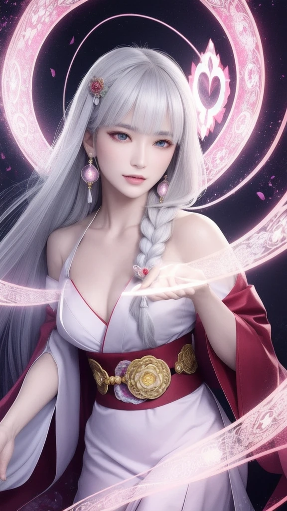 (masterpiece, top quality, 1 female, solo, exquisite details, chromatic aberration), (realistic), (skin), ((breathing)), (silver hair, blunt bangs, cropped straight long hair, short bangs, silver hair), beautiful hair, red headdress, highlights, hair on one eye, beautiful eyes, purple eyes, thick lips, earrings, piercing eyes, ((gold and white kimono)), ((symmetrical eyes)), ((perfectly symmetrical body)), ((perfectly symmetrical hands)), (purerosface_v1:0.3), full moon night, ((self, natural light))), bright lighting, flowers blooming in background, in front of viewer, ((central shot, from the front, (face and shoulders))), mysterious atmosphere, colorful flowers blooming around, bright colored background, shrine maiden in kimono, beautiful shrine maiden, Shrine maiden, fantasy female shrine maiden, female fortune telling shrine maiden, fantasy photography, Japanese style, elegant cinematic fantasy art, fantasy woman, sorceress portrait, powerful wizard surrounded by mystical colorful flowers, holding a glowing heart crystal ball, eyes glowing with mystical energy, spells leaking from her mouth, vibrant sorcery vortexes pulsating with rainbow hues appear in the air, magic permeates, flowers bloom, sacred creatures gaze in awe, threads of magical energy dance, reveal hidden realms, unravel secrets, capture the essence of this enchanting moment and bring to life the mystical power of sorcery on a canvas of the highest quality and finest detail. Top quality, masterpiece, ultra high resolution, (photorealistic: 1.4), RAW photo, sharp focus, high resolution, detailed skin.
Flowers blooming all around, bright colored background, fortune teller in kimono, beautiful fortune teller, fortune teller, fantasy female fortune teller, female fortune teller, fantasy photography, Japanese style, fortune teller in kimono, elegant cinematic fantasy art, fantasy woman, magician portrait, fortune teller, powerful wizard surrounded by mystical colorful flowers, holding a glowing heart c