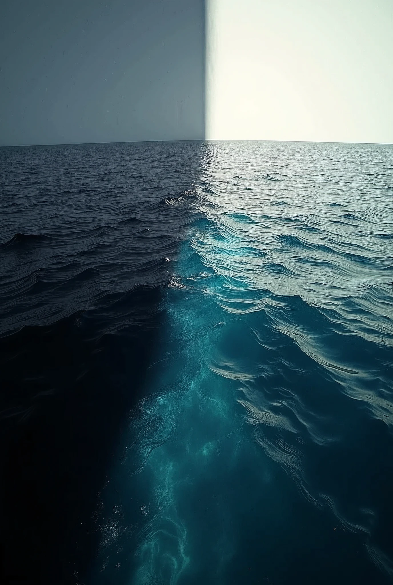 Sea divided in half Part black and part white beautiful artistic photography using the golden ratio black and white and blue and stylish light casting creepy shadows in the style of Oliviero Toscani