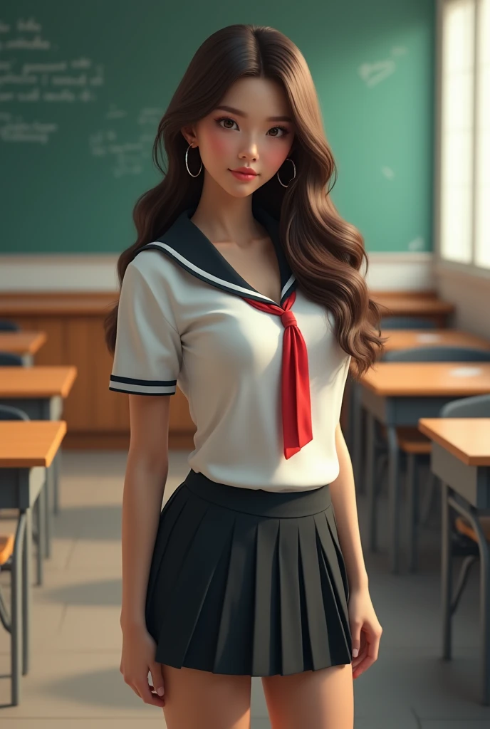 Young woman,​Twenty-five years old, Beautiful face, long brown hair, Wearing Thai school uniform, Big chest, Thin waist, Big butt,Classroom, Realistic 3D

