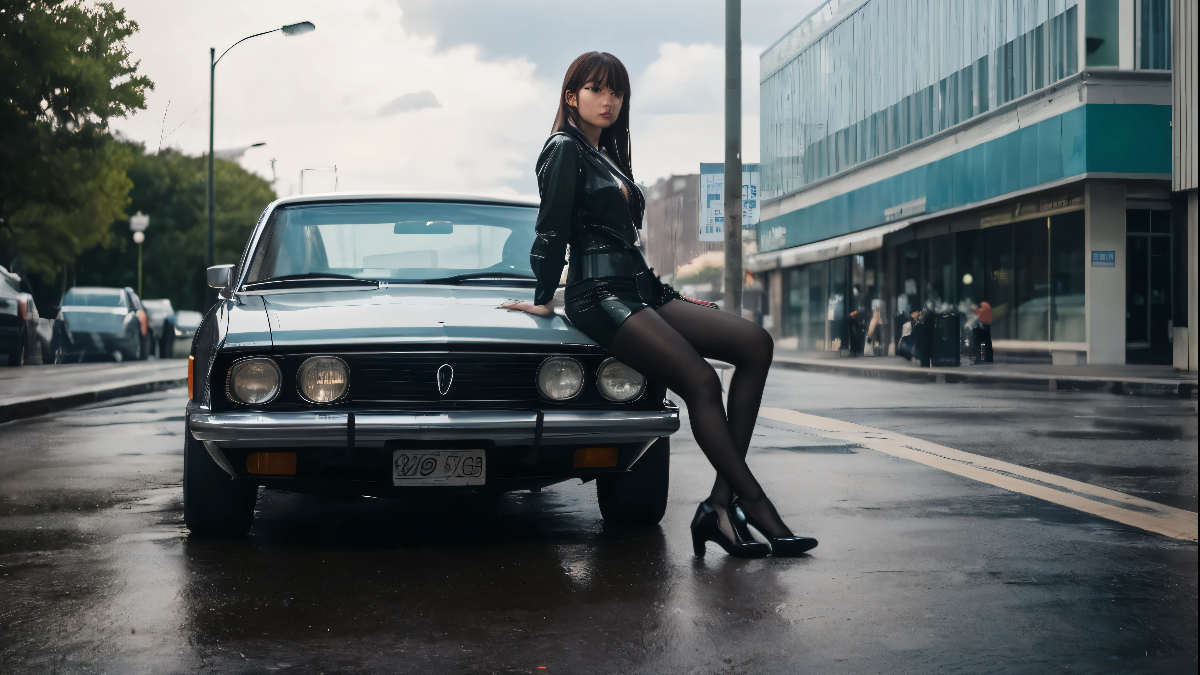 Ulzzang-6500-v1.1, (RAW Photos:1.2), (Photorealistic), (Genuine:1.4), American Woman, Warframe, Complex patterns, , Energy Line, Faceless, Shining Eyes, elegant, intense, 1980s attire。 Ultra-realistic body, alone, Modern, city, street, Dark Clouds, thunderstorm, heavy rain,, Dramatic lighting,, (masterpiece:1.2), Highest quality, High resolution,   beautiful, Very detailed, Perfect lighting, Full Body Shot、Low Angle、Shooting from below、Dynamic pose,A cool woman poses leaning against a car from the 1980s in a realistic photo。