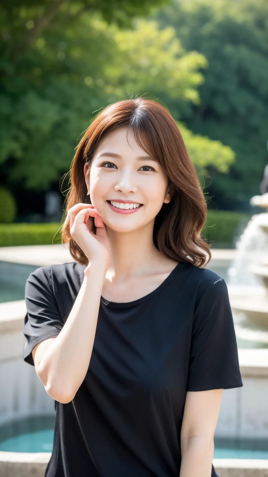 最high quality, In 8K, whole body, Real, Upper Body, high quality, High resolution, Detailed face, Detailed eyes, Thick lips, (Look at the viewers), alone, Middle-aged women, , 60 years old, , Wavy Hair, , Wearing short sleeves, Standing in front of a fountain, Wrinkles around the eyes, Smiling with teeth showing, Background Blur