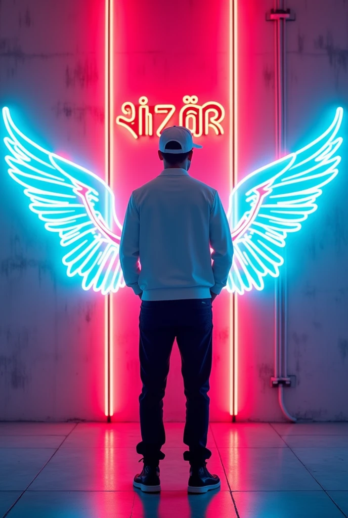 PROMPT :- In this striking and futuristic scene, a mysterious individual stands confidently in front of a mesmerizing neon wall. The individual’s casual attire – a white sweater, white cap, black pants, and black shoes – contrasts with the vibrant neon wings in Bangladesh flag color, symmetrically placed on either side of the figure. The bold red neon quote “ŠÎZÁŇÚR” adds an inspiring touch to the composition. The floor, made of tiles, reflects the grayish hue of the wall