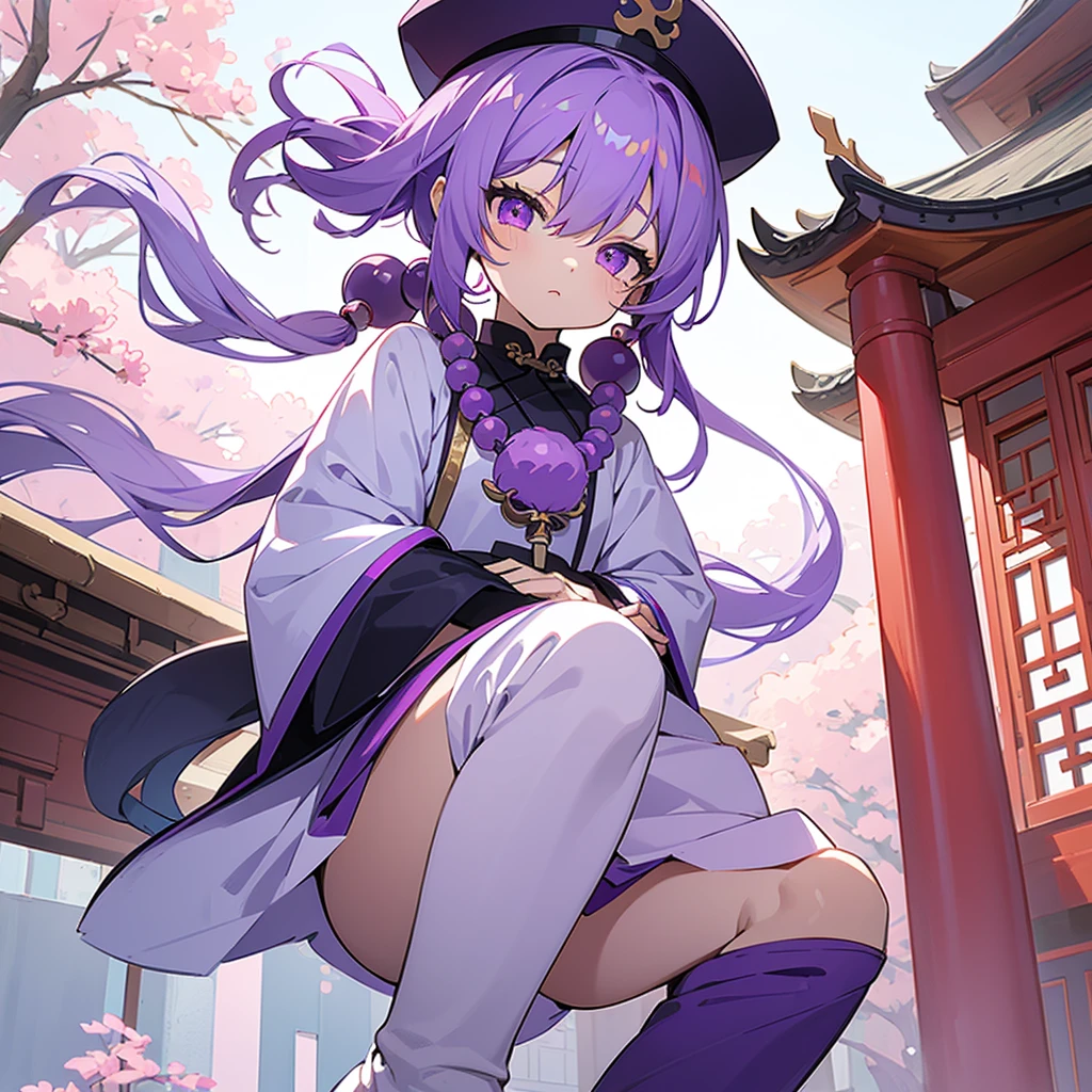 1 little chibi girl, light purple hair, dark purple hat, magenta eyes, purple and blue outfit, long white socks, big beads necklace, chinese clothes, old chinese temple, sky