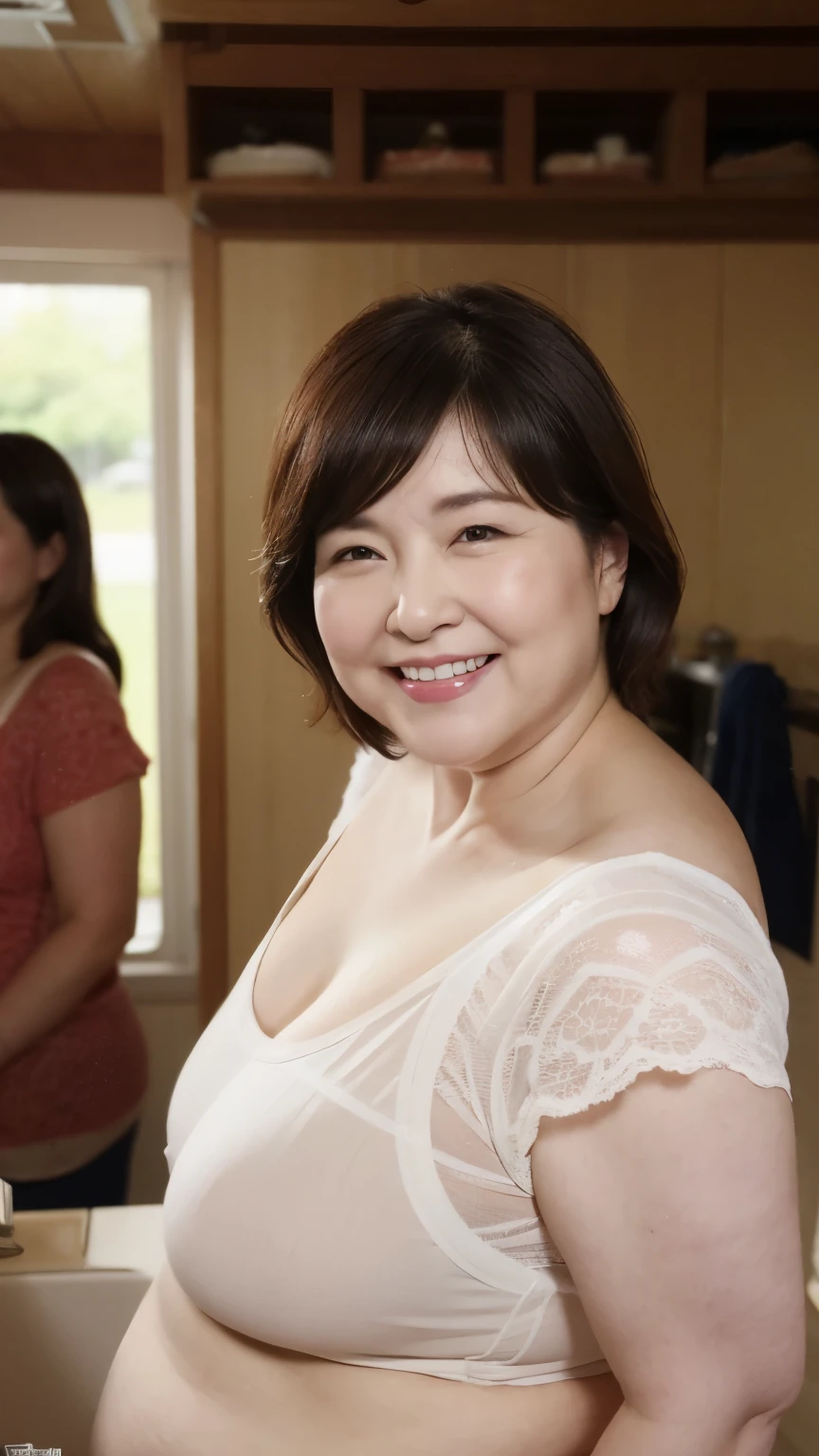 super high quality, Background Blur, In front of the bathroom, gravure, I'm sticking out my, 65 years old, ，Fat belly，Very plump, From the chest up, masterpiece, Highest quality, Very detailed, Realistic, Ultra-dense skin, Perfect Anatomy, Plump Mature Woman, Wrinkles around the eyes, , Big Breasts, In underwear, A shy toothy smile, Chubby, Glamour, sexy, Pure white skin, Looking at the audience,