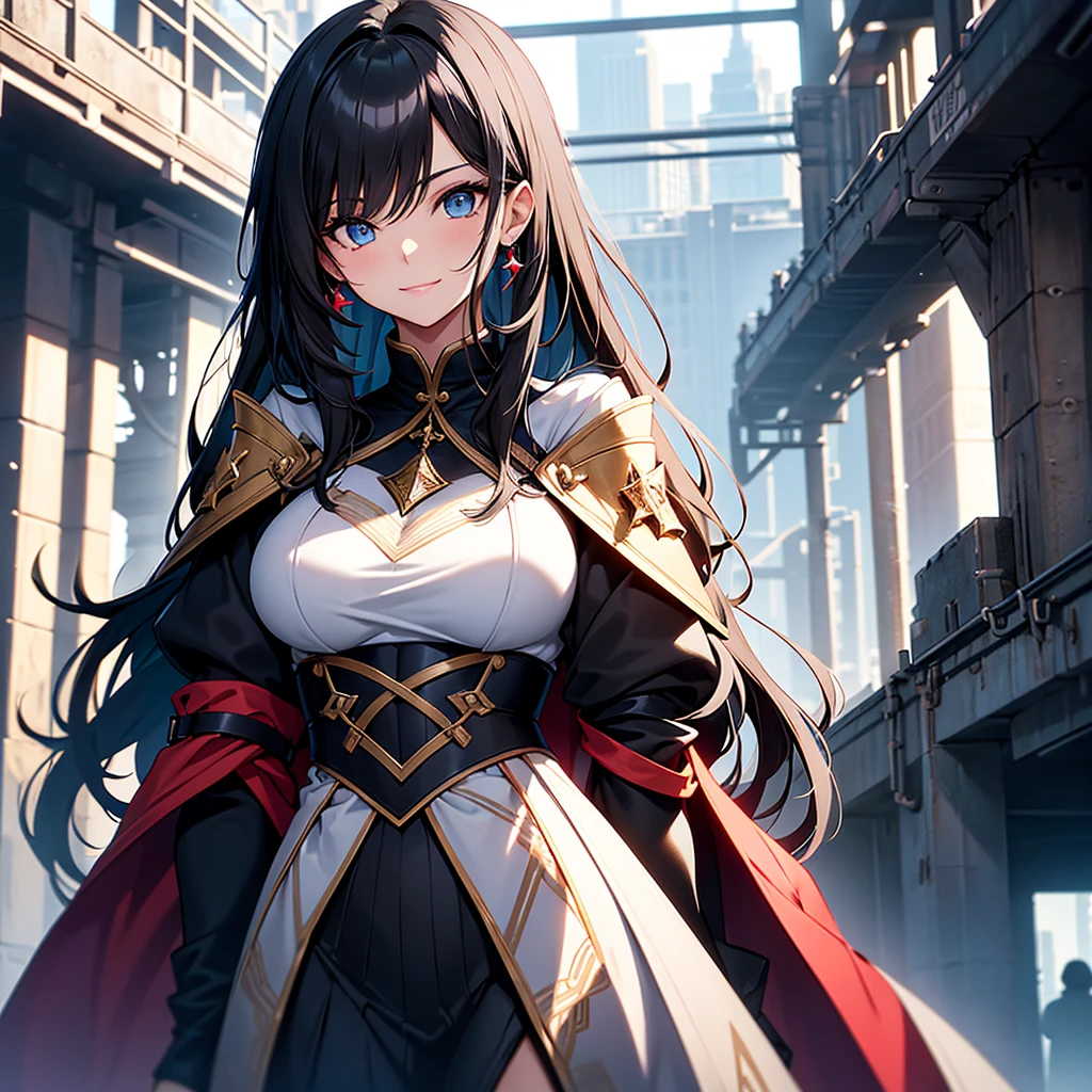 Portray an attractive girl with unique looks and stylish features. She has long, soft black hair with bright red lines, slightly wavy, falling beautifully on the shoulders. Her eyes are large and expressive., with deep, with a smart look, colors of bright azure blue. The face is gentle and refined, With a slight smile, which creates a feeling of warmth and kindness.She is dressed in stylish, but comfortable clothes, combining modern elements with touches of fantasy world - perhaps, is this a dress with magical patterns or a suit, reminiscent of medieval fashion with the addition of modern details. Her appearance emphasizes her confidence and independence..The character's background may contain elements of a fantasy world.: magic light, mysterious symbols or nature, reminiscent of scenes from fantasy stories. Despite this,, she looks friendly and open, with a warm and caring expression on his face, which conveys her empathy and willingness to support others..