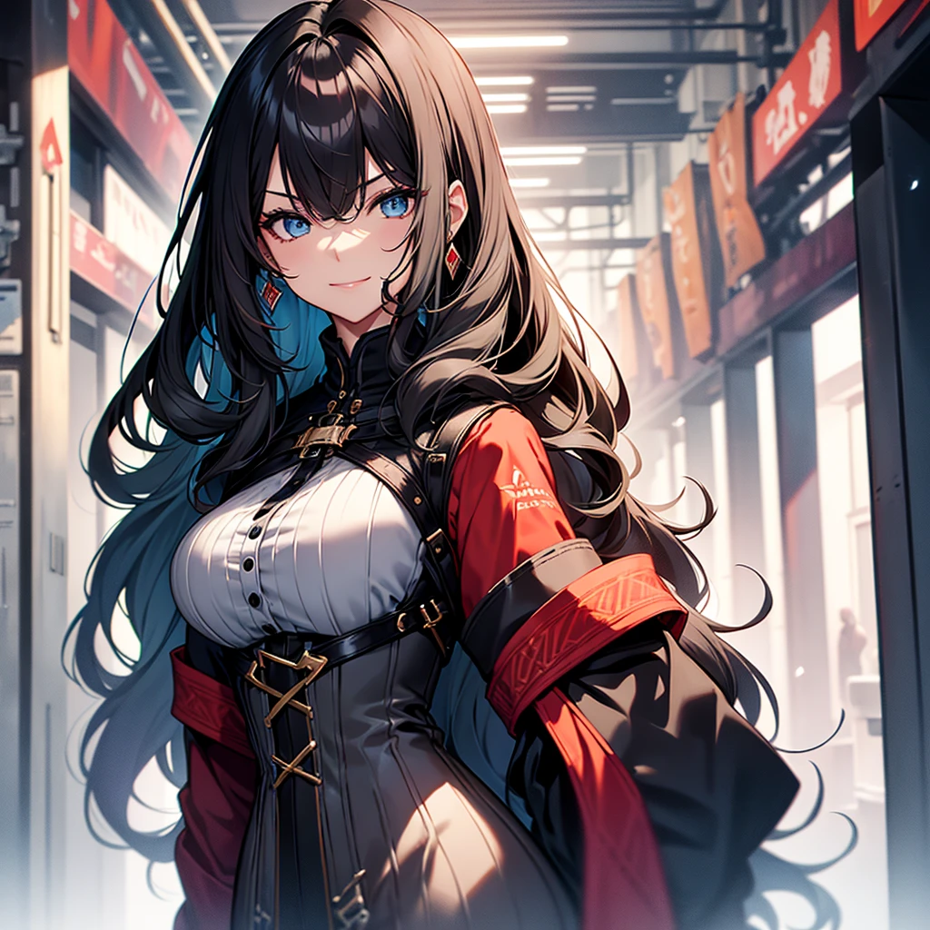 Portray an attractive girl with unique looks and stylish features. She has long, soft black hair with bright red lines, slightly wavy, falling beautifully on the shoulders. Her eyes are large and expressive., with deep, with a smart look, colors of bright azure blue. The face is gentle and refined, With a slight smile, which creates a feeling of warmth and kindness.She is dressed in stylish, but comfortable clothes, combining modern elements with touches of fantasy world - perhaps, is this a dress with magical patterns or a suit, reminiscent of medieval fashion with the addition of modern details. Her appearance emphasizes her confidence and independence..The character's background may contain elements of a fantasy world.: magic light, mysterious symbols or nature, reminiscent of scenes from fantasy stories. Despite this,, she looks friendly and open, with a warm and caring expression on his face, which conveys her empathy and willingness to support others..