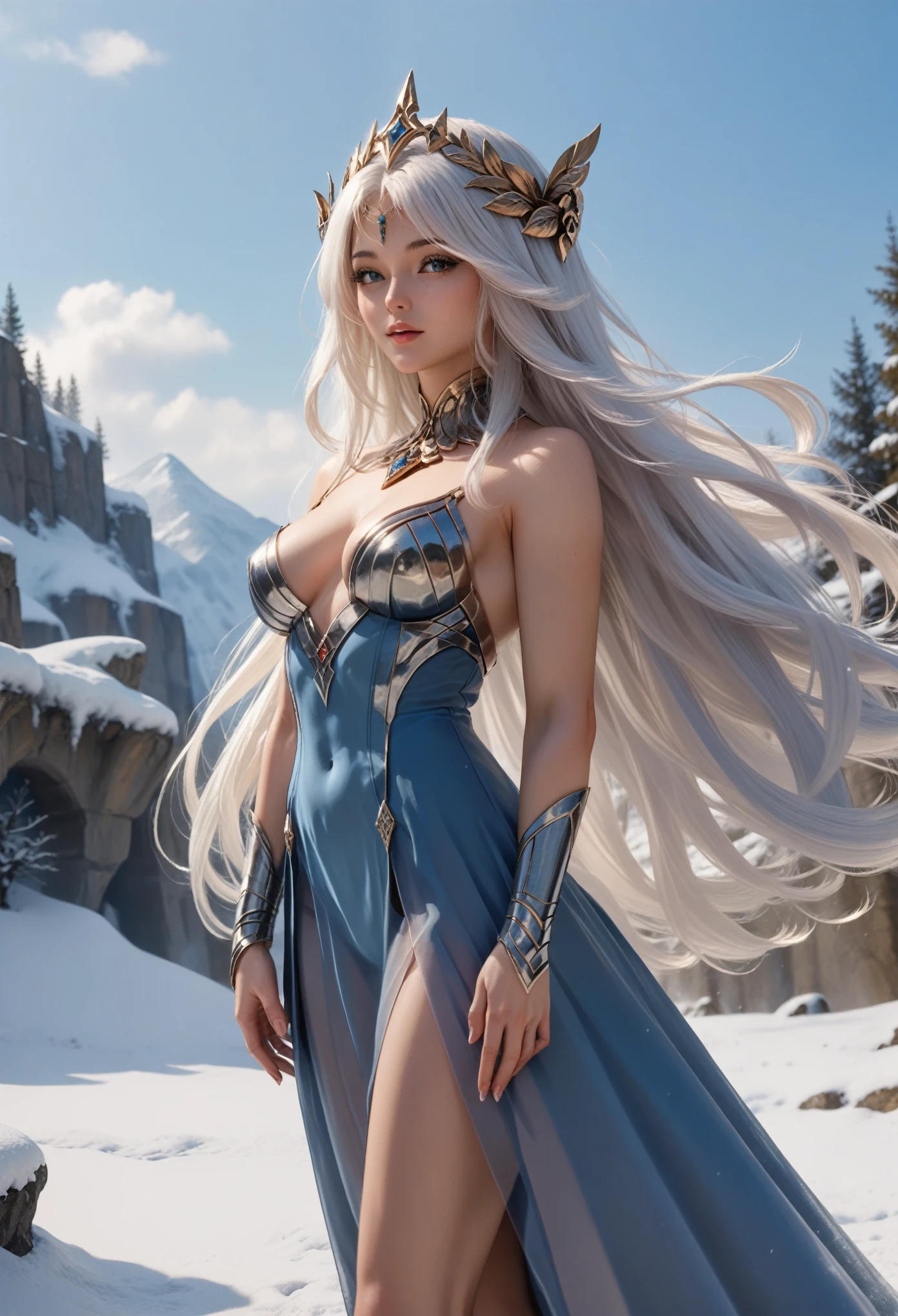 Anime girl with long white hair and blue dress in the snow, white-haired deity, white hair floating in the air, Anime fantasy illustration, Loose white hair, beautiful young spirit of the wind, beautiful fantasy anime, glowing flowing hair, Ethereal anime, beautiful anime works, beautiful digital images, anime fantasy artwork, ((fair empress fantasy)), 2. 5 d cgi anime fantasy artwork,cinematic film still,score_9,score_8_up,score_7_up,masterpiece,best quality,8k,source_cartoon,source_アニメ,shine clothes, Masterpiece of the spirit