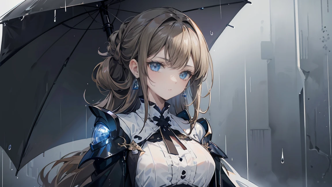 Light brown hair、((hair tied at the back))、Showing from the waist up、Black suit draped over shoulders、Wearing a white shirt underneath、black tie、Blue-violet eyes、((Rainy gray background))、Holding a large open umbrella。Beauty、(((Detailed picture)))、(((Detailed face)))、Looking down with cold eyes。emotionless expression。The hair is parted on the side、Hair tucked behind one ear。Also、She wears large hoop earrings in her ears.。Detailed Hair、Beautiful structural painting