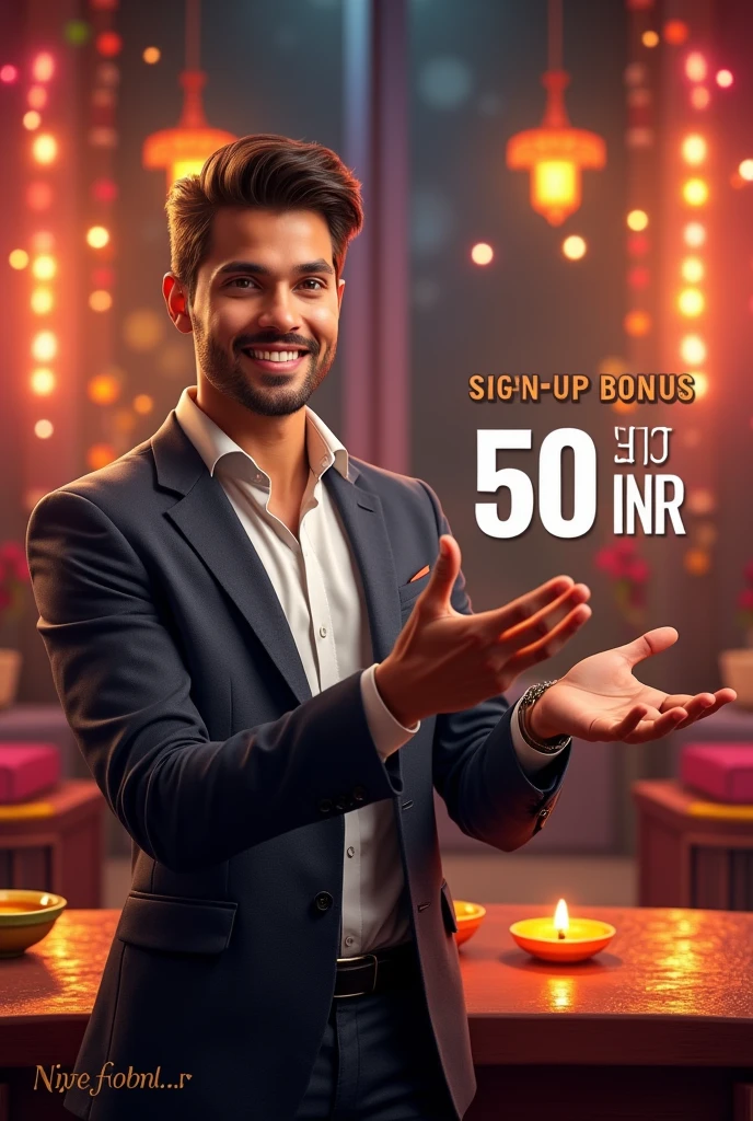 (photorealism:16.9), Sign-up Bonus, 50INR, Slot games, diwali crakers, look like a website promotion image